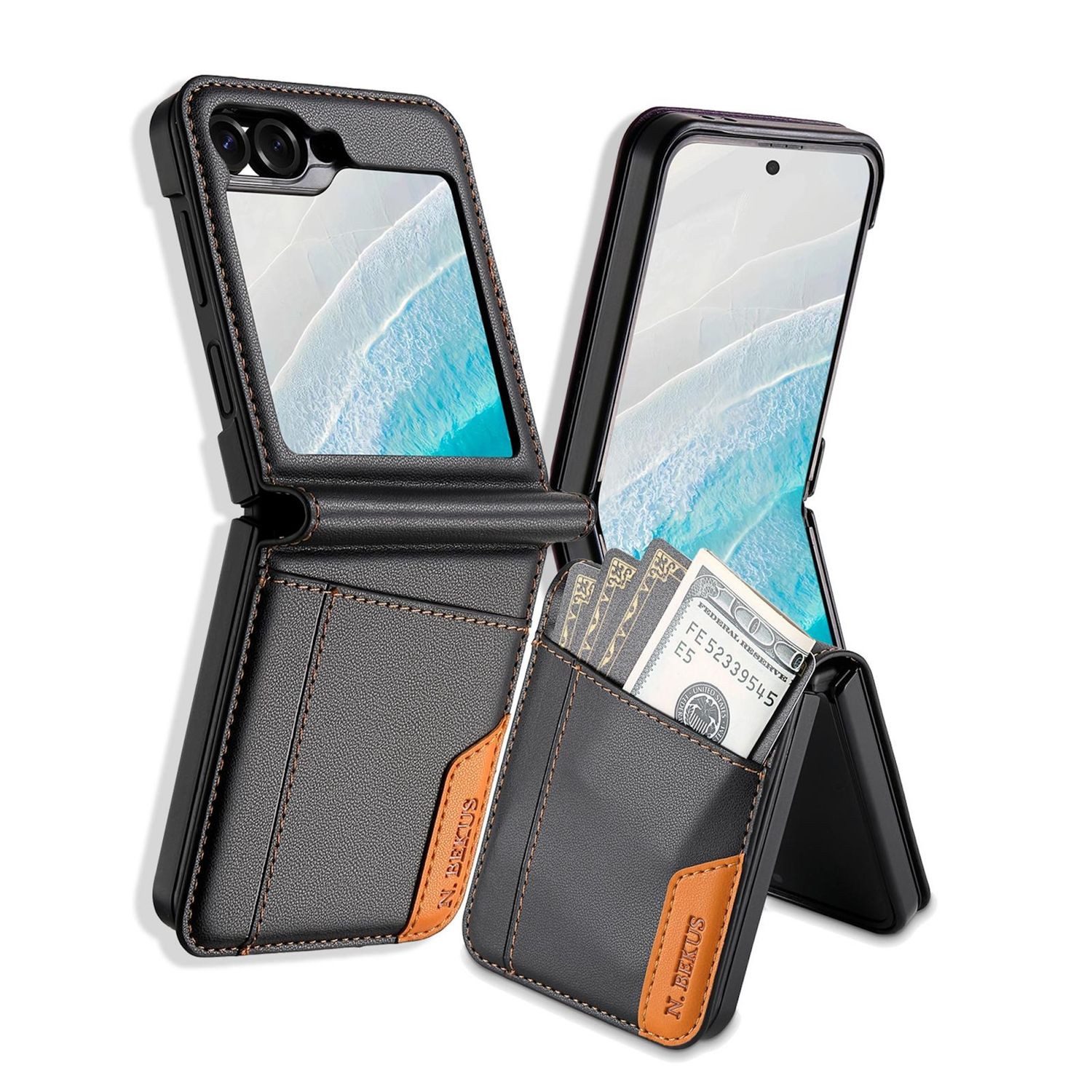 Wigento Handyhülle Für Samsung Galaxy Z Flip7 FE / Flip6 Leder RFID Schutz Hülle Schwarz, RFID Flip Hülle mit Kartenfächern und Ständerfunktion