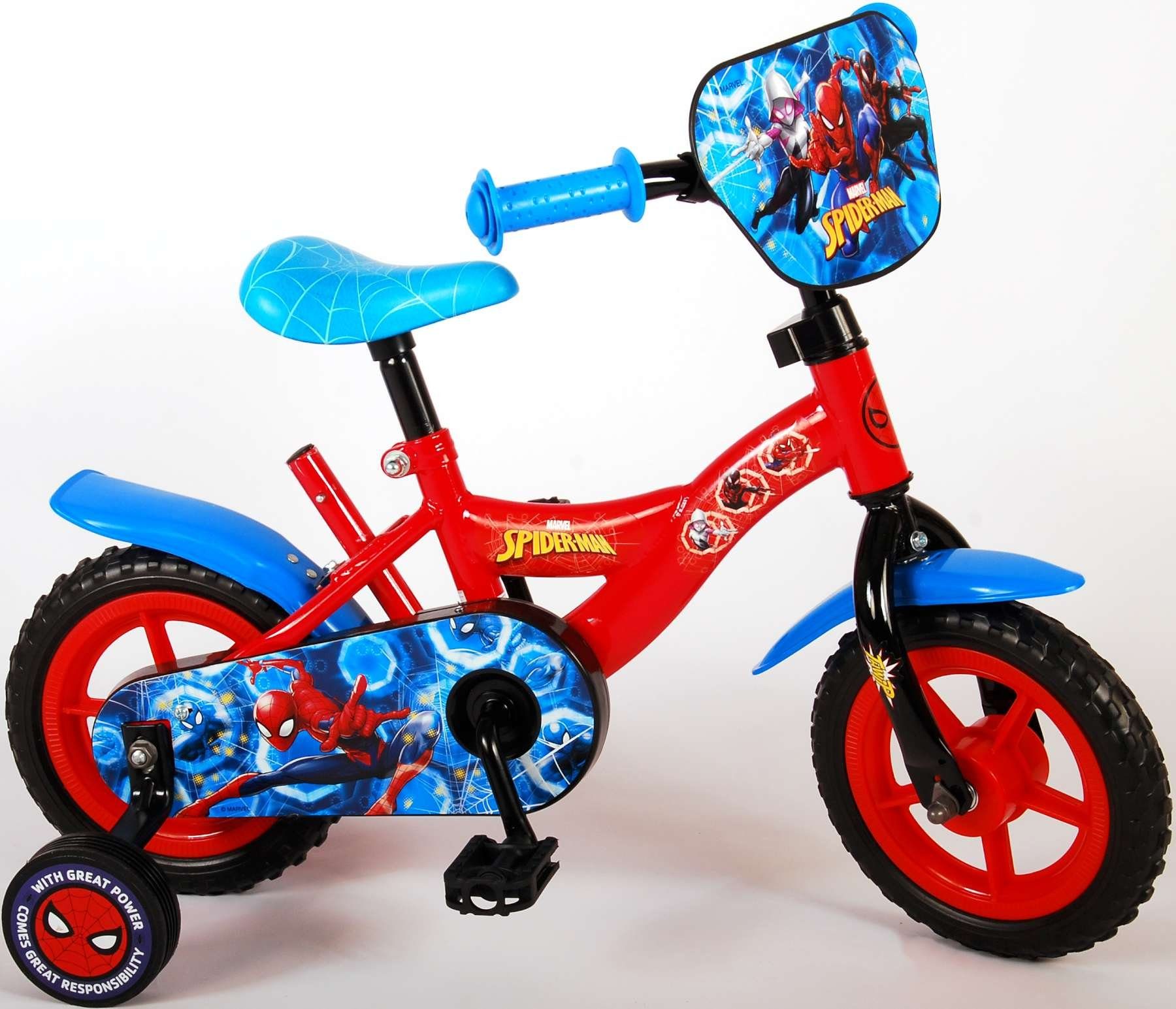 Spiderman Kinderfahrrad Jungen - 10 Zoll - Blau/Rot - Fester Gang - bis 35 kg - EVA Reifen, 2 - 4 Jahre, 85% zusammengebaut, Plastikfelgen | Kinderfahrräder