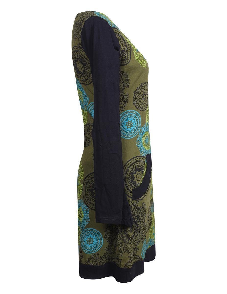 Long Langarm Shirt, Kleid Lagen-Look Vishes Jerseykleid Mandalas Hippie-Kleid olive V-Ausschnitt