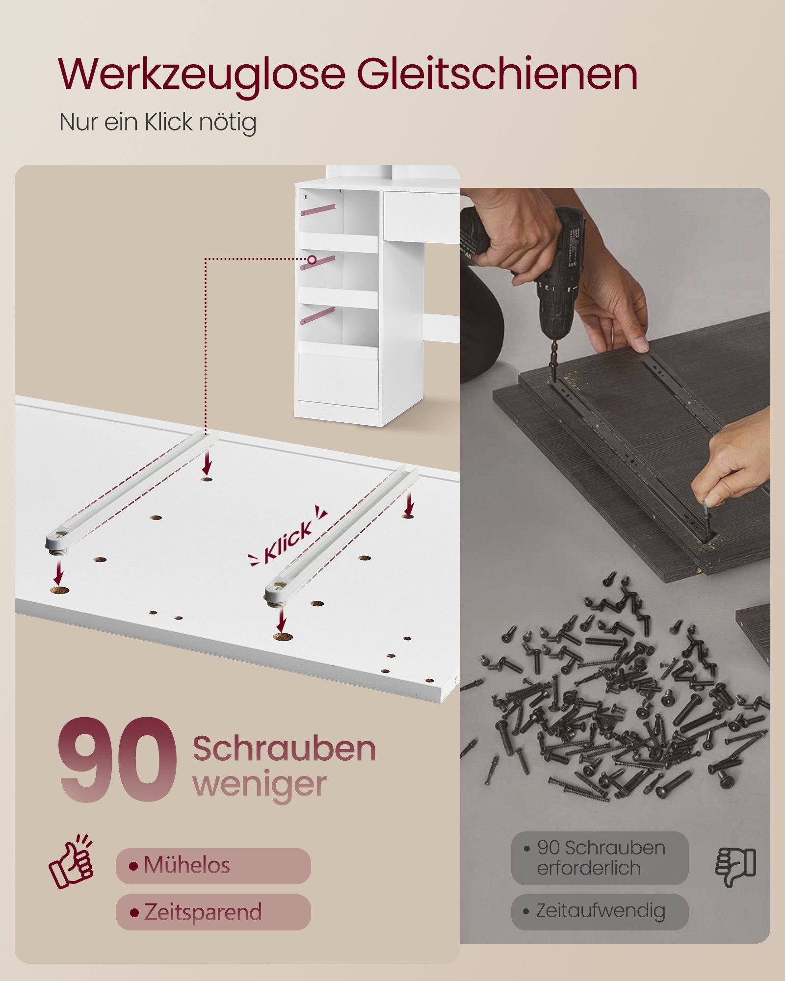 VASAGLE Schminktisch Kosmetiktisch mit 3-teiliger Spiegel, Frisiertisch 11 Glühbirnen, werkzeuglose Montage, Steckdosen, 9 Schubladen, 3 Lichtfarben