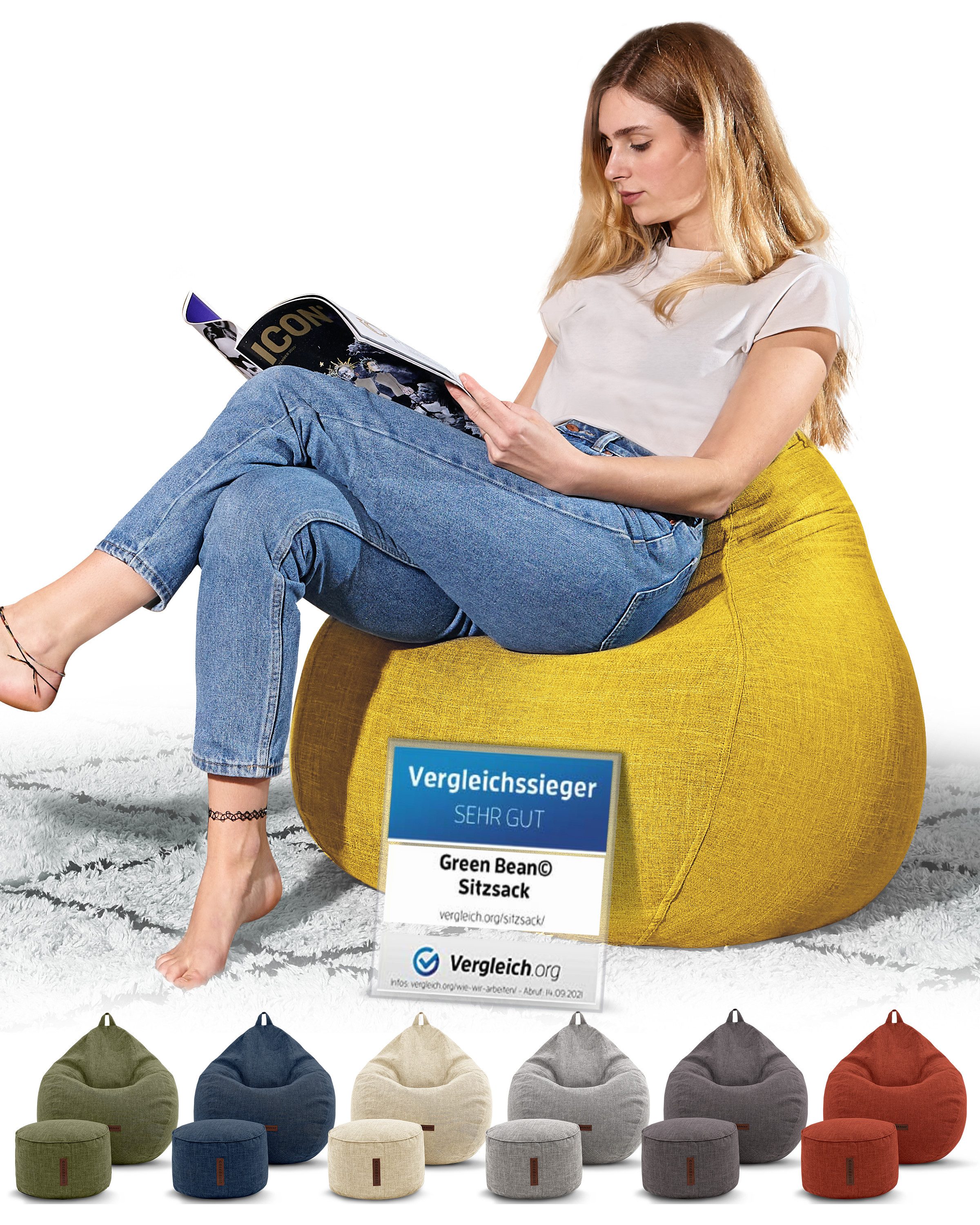 Green Bean Sitzsack Indoor Sitzsack XXL Home Linen +Hocker (2er Set Indoor Sitzsack 80x90x50cm + Sitzpouf 45x25cm mit EPS-Perlen Füllung -, Fußhocker Fußkissen Sitz-pouf Bodenkissen Liegekissen), Sitzkissen Lounge Chair Sitzhocker Relax-Sessel Bean Bag