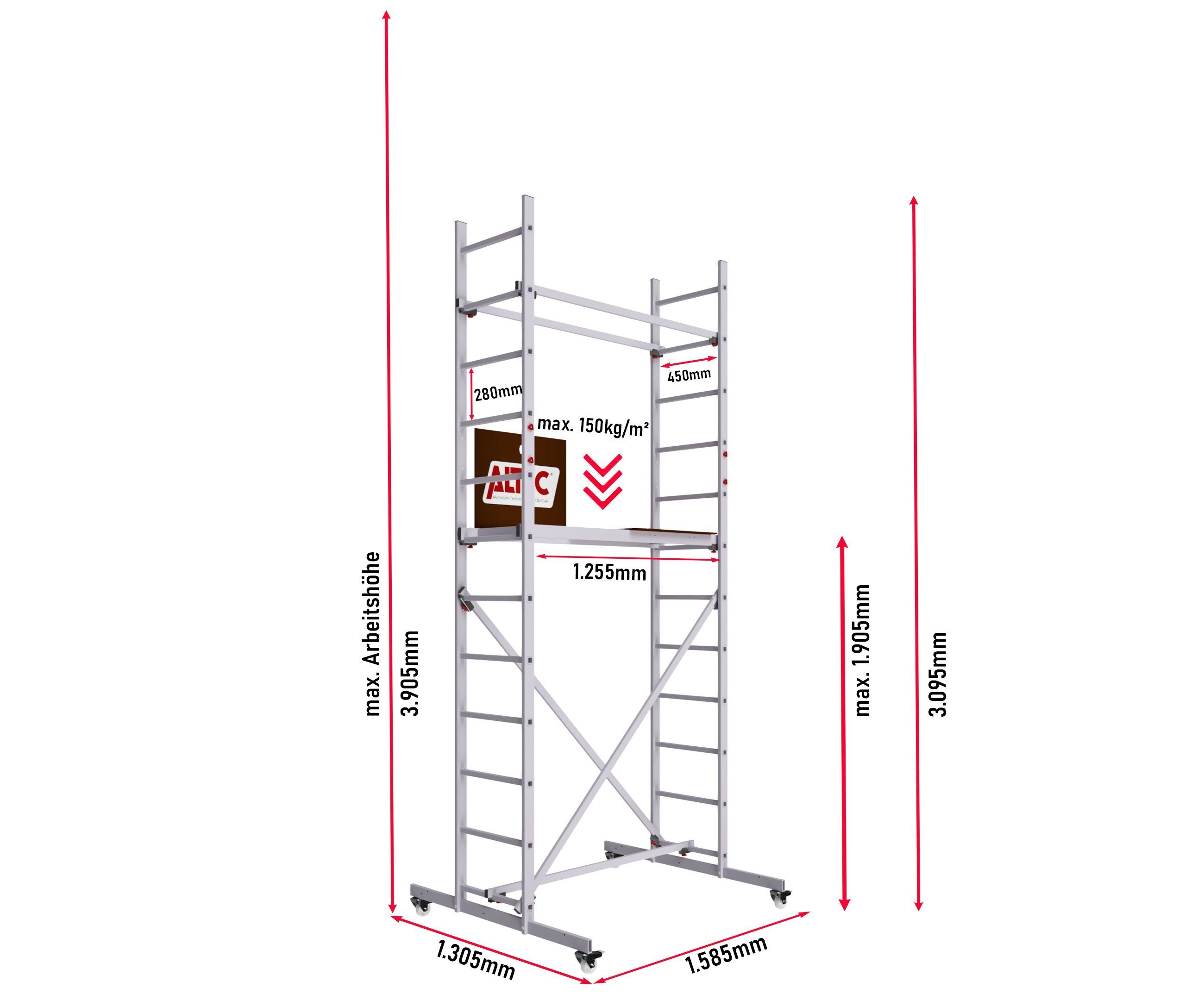 ALTEC Aluminium Fahrgerüst AluCombine 1.0, Leiterngerüst mit Traverse, 4 Laufrollen, maximale Arbeitshöhe 7 Meter