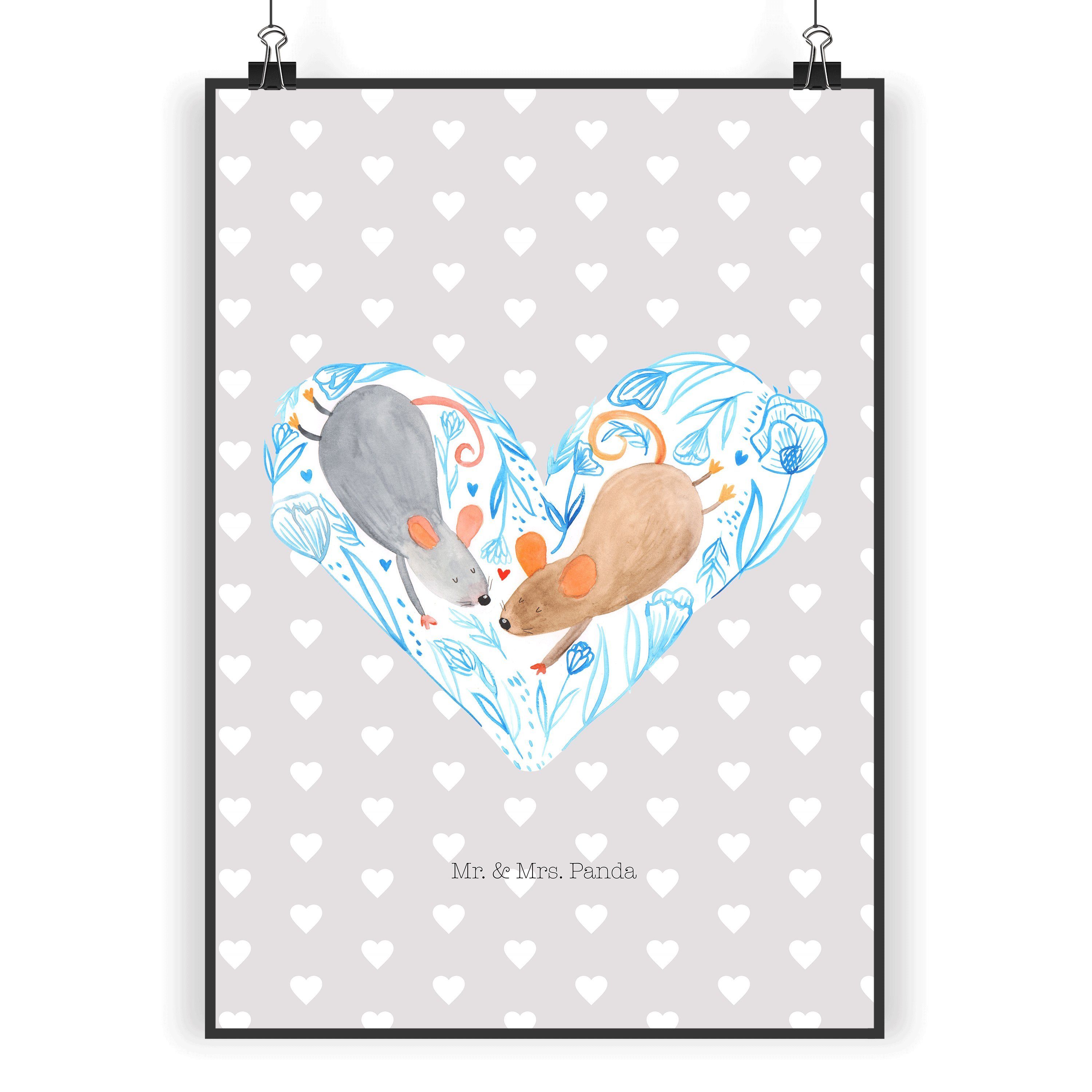 Mr. & Mrs. Panda Poster DIN A5 Mäuse Herz Grau Pastell Geschenk