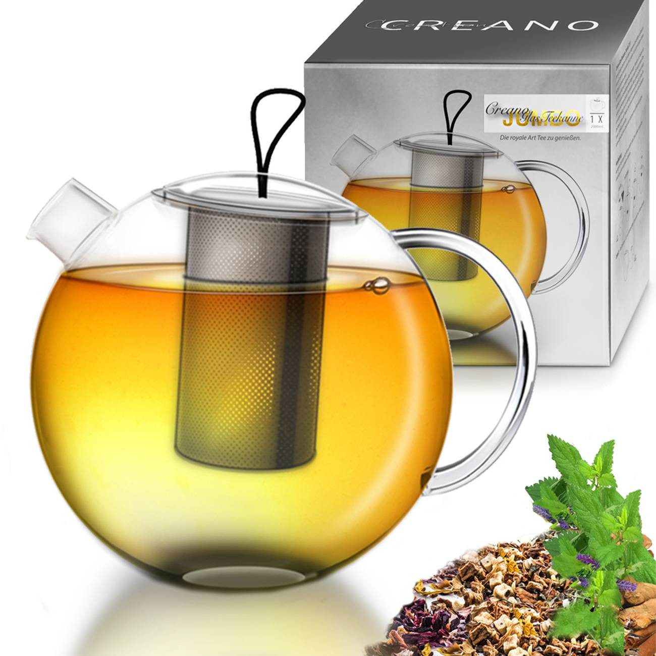 Creano Teekanne Teekanne 2,0l “Jumbo” mit Metall-Sieb, 250 l, (Set, 1 Teekanne, 1 Deckel), 1x bedrucktes Glas