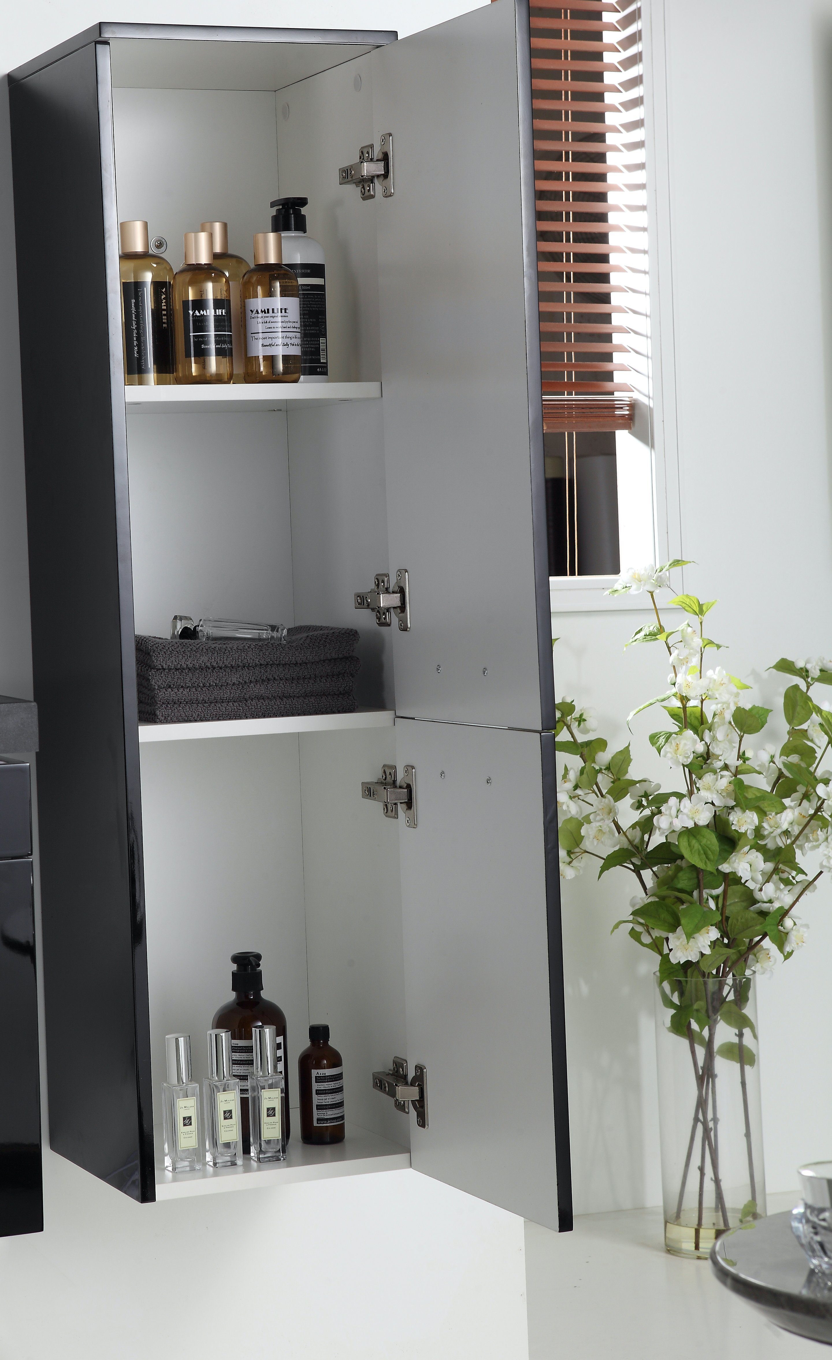 Faizee Möbel Badmöbel-Set Badmöbel Set Schwarz 5tlg Komplett Set, (Komplett-Set, 5-St), MDF-Holz Vormontiert Hochglanz lackiert