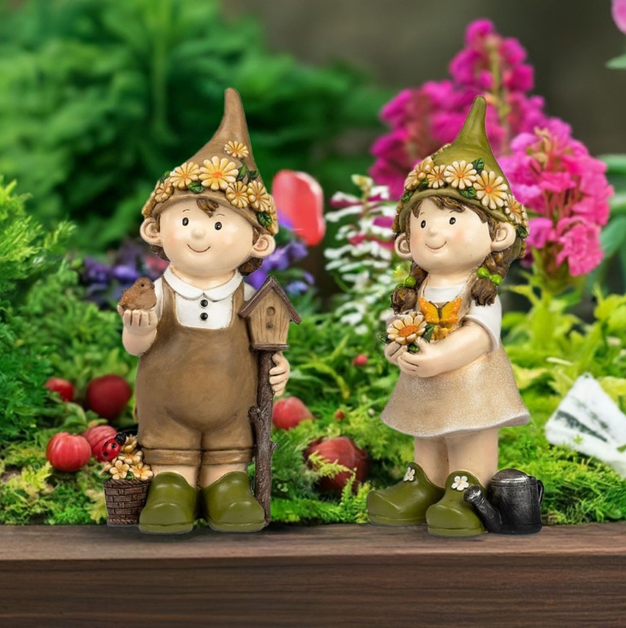 formano Gartenfigur Sommerkinder mit Vogel, (2er Set)