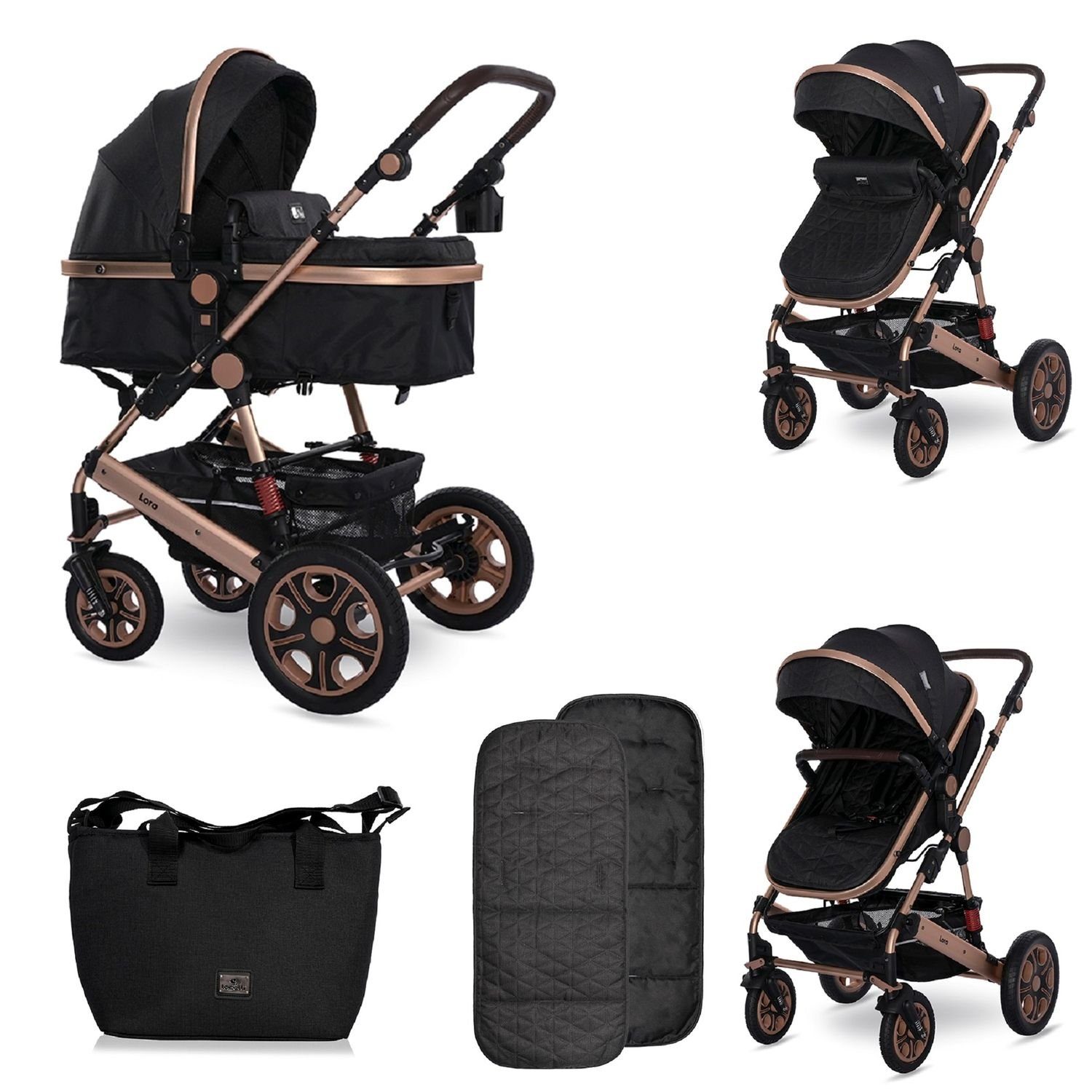 Lorelli Kombi-Kinderwagen Kinderwagen Lora, faltbar Gummiräder Tragetasche Sportsitz Fußabdeckung schwarz gold