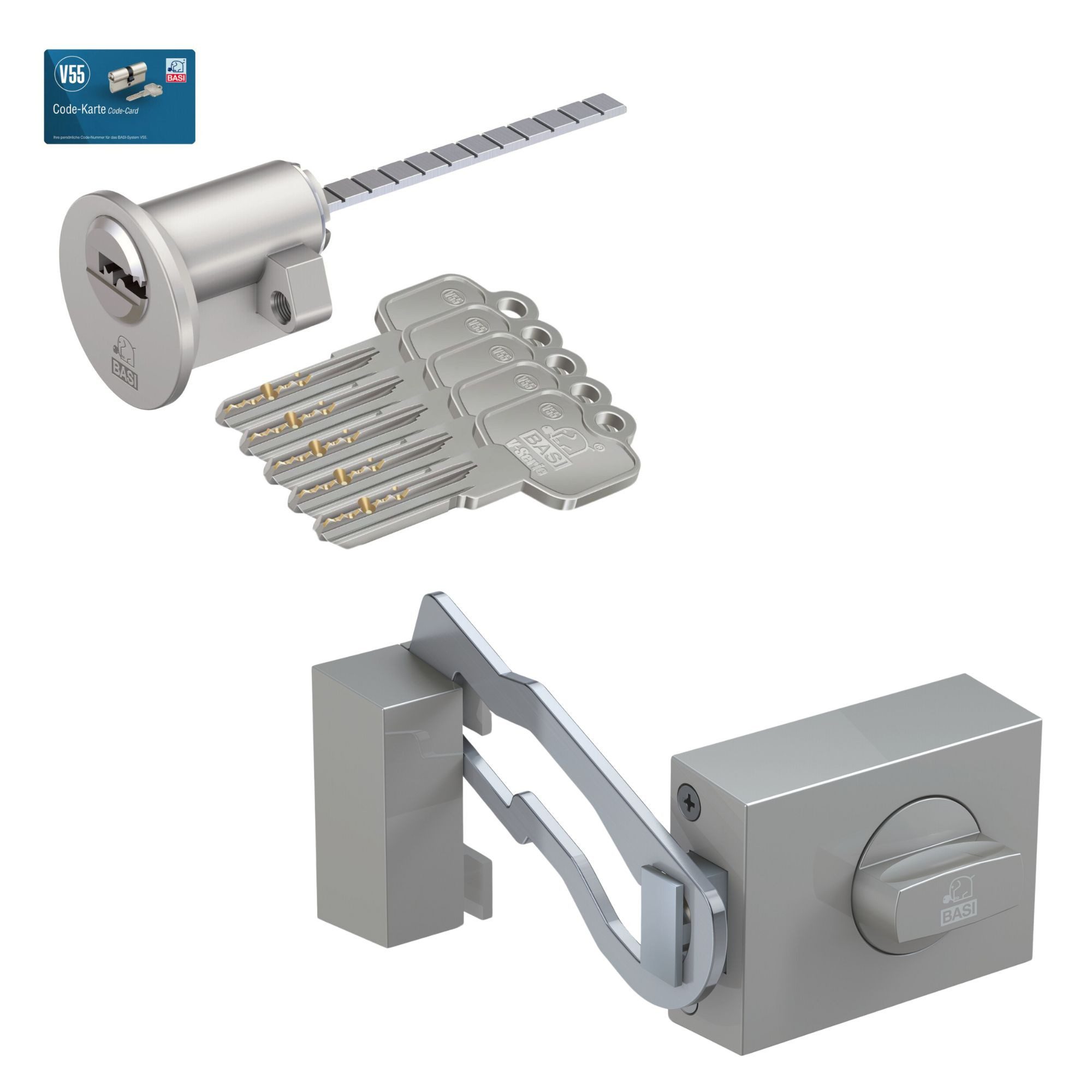 BASI Türzusatzschloss Kastenschloss (Spar-Set), im Set m. Außenzylinder, m. Sperrbügel, Drehknauf, Dornmaß 45mm, silb.