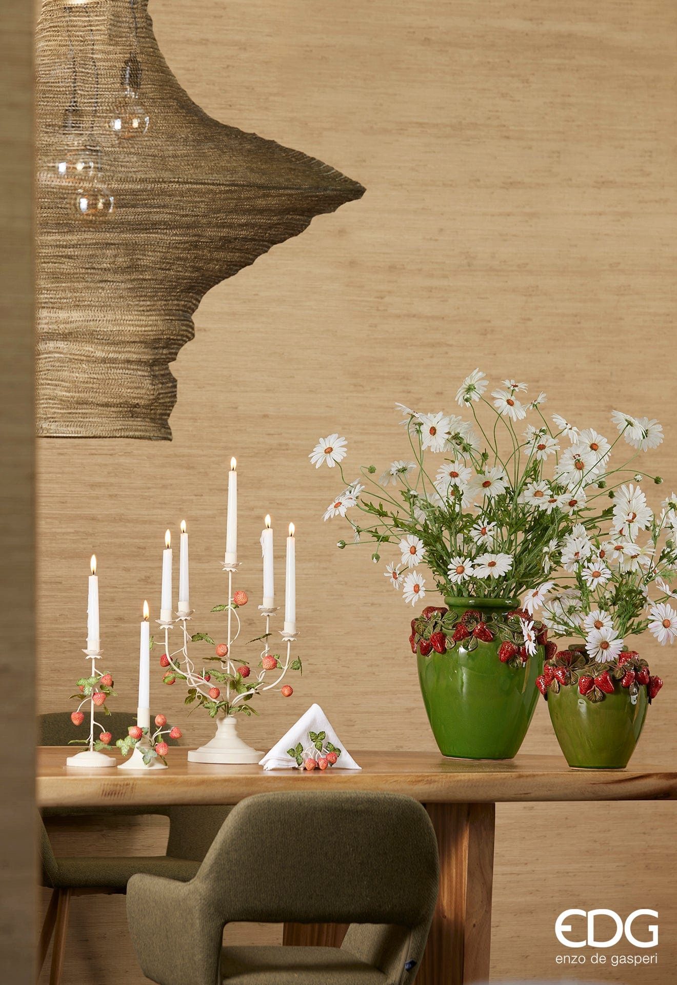 enzo de gasperi Dekovase Grüne Keramikvase mit Erdbeermuster – H 26,5 cm Ø 27 cm - Handarbeit (verschiedene Größen können kombiniert werden)