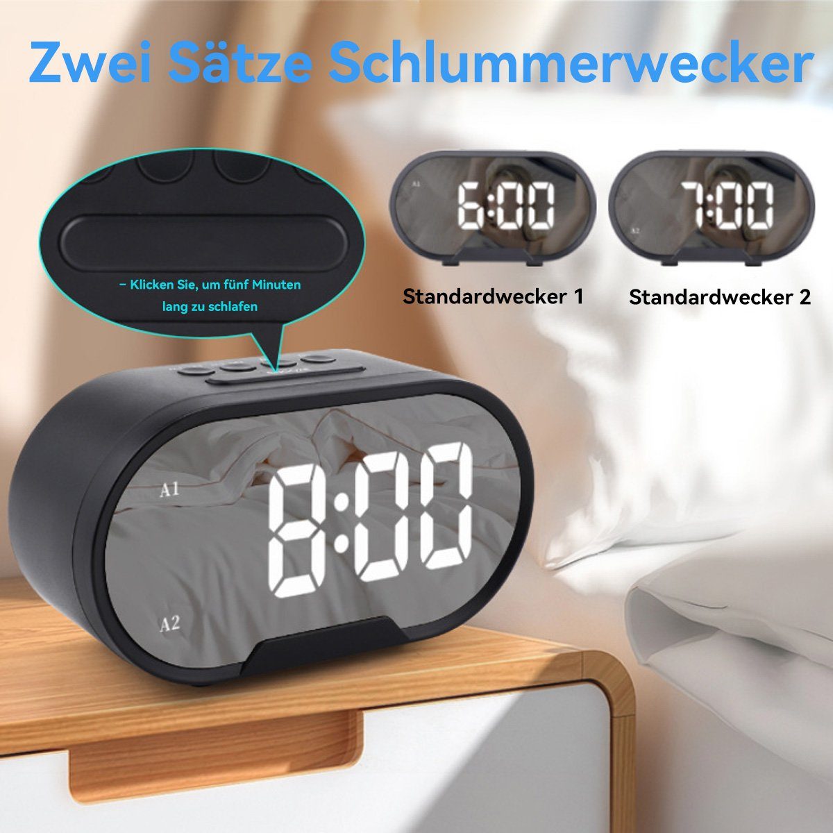 Schwarz Snooze-Funktion Einstellbare LED-Wecker, DOPWii Lautstärke Spiegelwecker Wecker