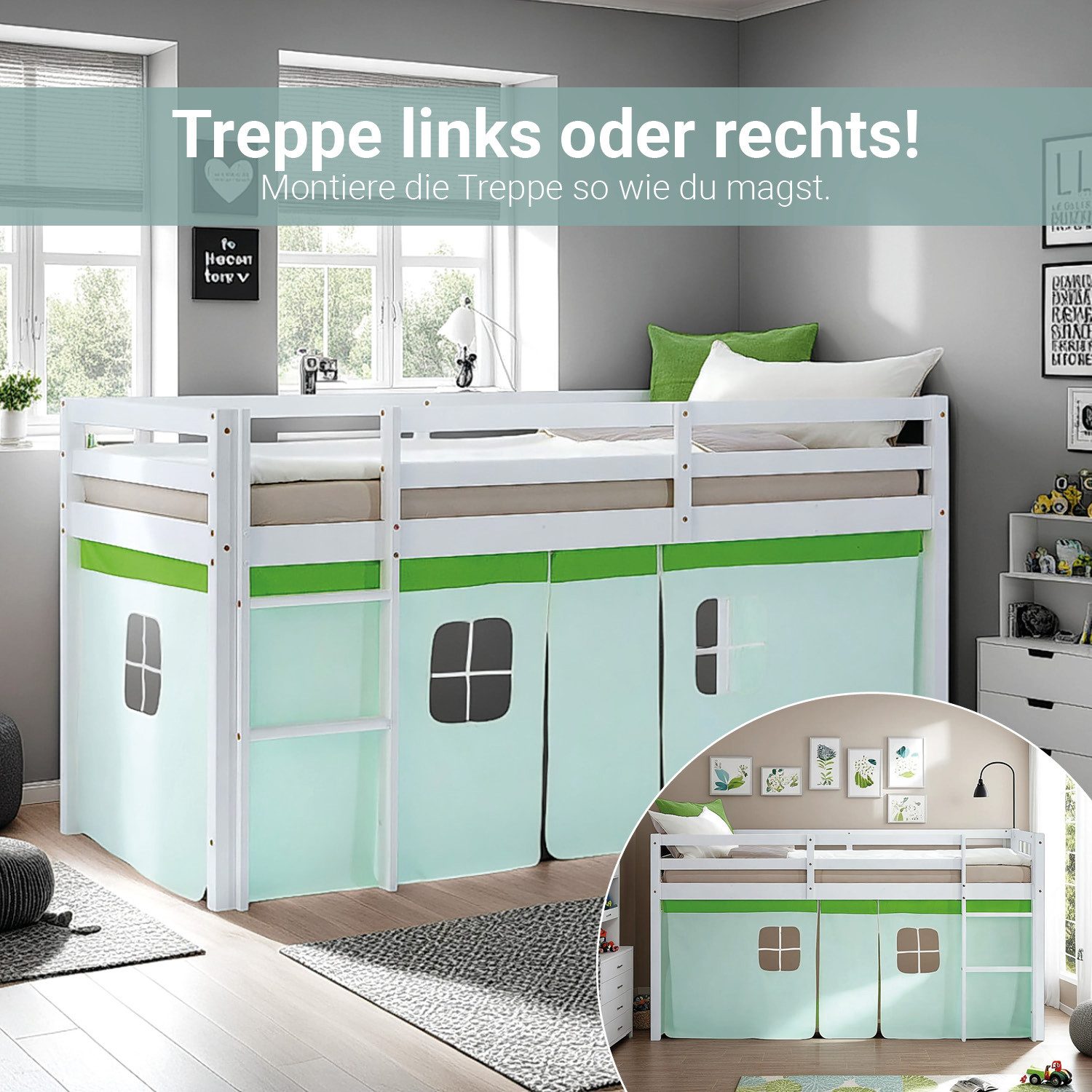 Homestyle4u Hochbett 90x200 Vorhang Stockbett Kinderbett Holz Kiefer Weiß G günstig online kaufen