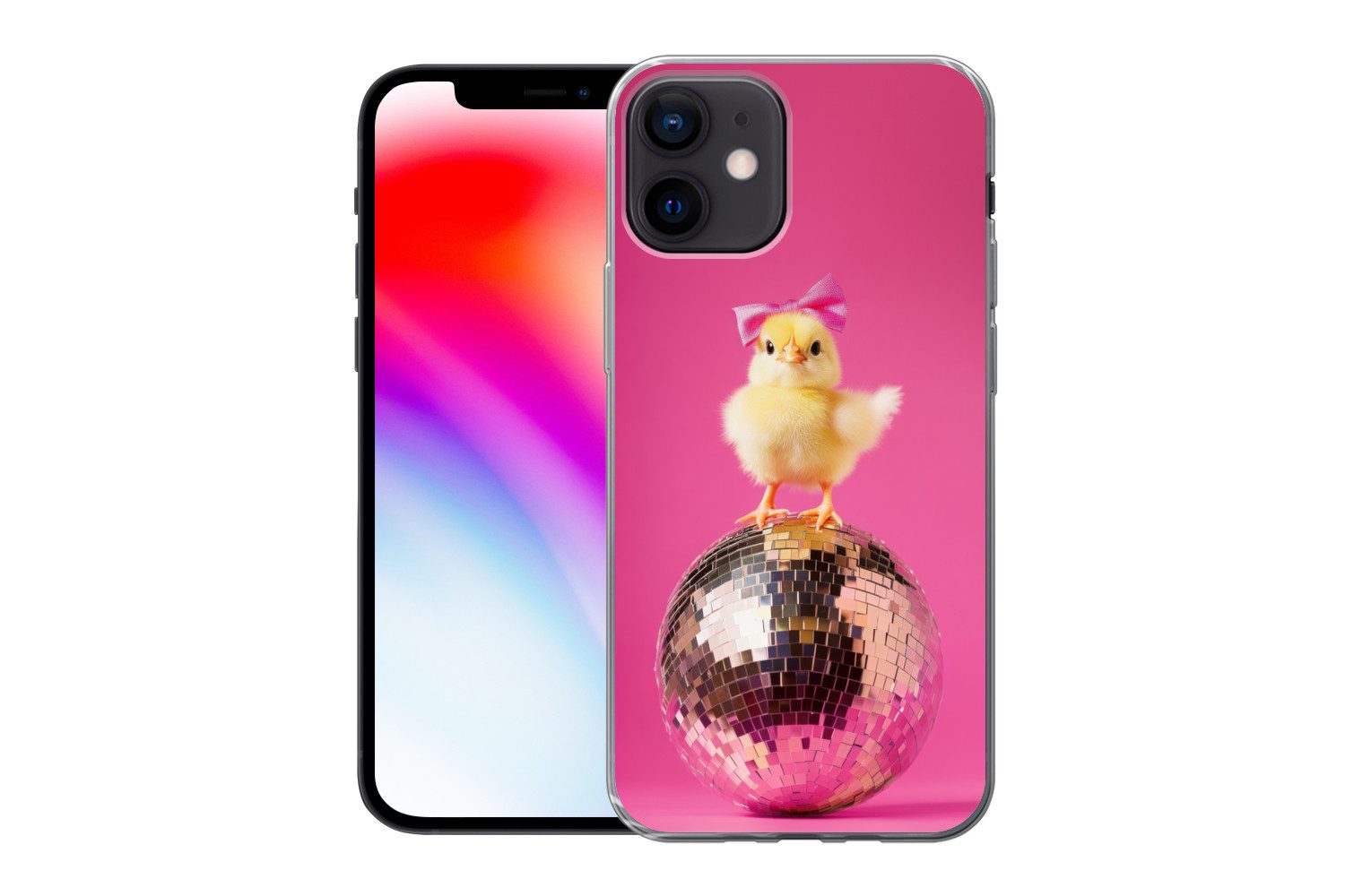 MuchoWow Handyhülle für Apple iPhone 12 Discoball - Küken - Schleife, Smartphone-Bumper, Print, Handy Schutzhülle Dünn