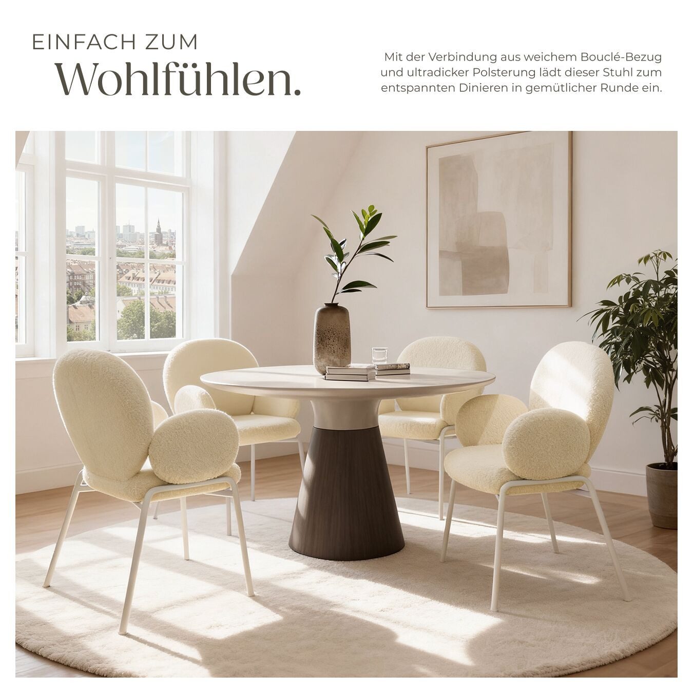tectake Esszimmerstuhl Polsterstuhl mit Bouclé-Bezug, Belastbarkeit 120 kg, 61,5 x 62 x 90 (Ohrensessel Scandi in creme, 6 St), gepolstert, bequeme Armlehnen, runde Stahlbeine, bodenschonend