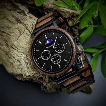 Holzwerk Chronograph BASSUM Herren Edelstahl & Holz Armband Uhr, Mondphase, schwarz, braun