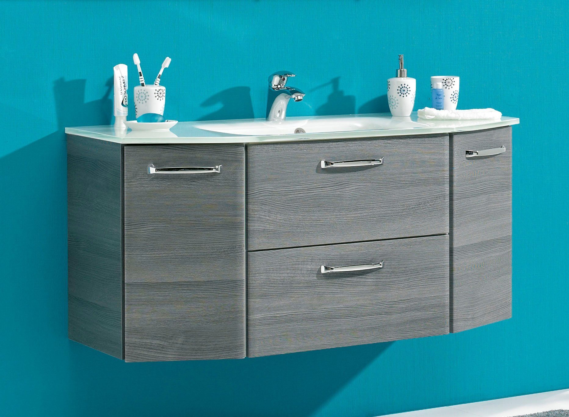 Saphir Waschtisch Quickset Waschplatz inkl. Glaswaschtisch, 112 cm breit, 2 Türen, Unterschrank mit Waschbecken, inkl. Türdämpfer, Griffe Chrom Glanz