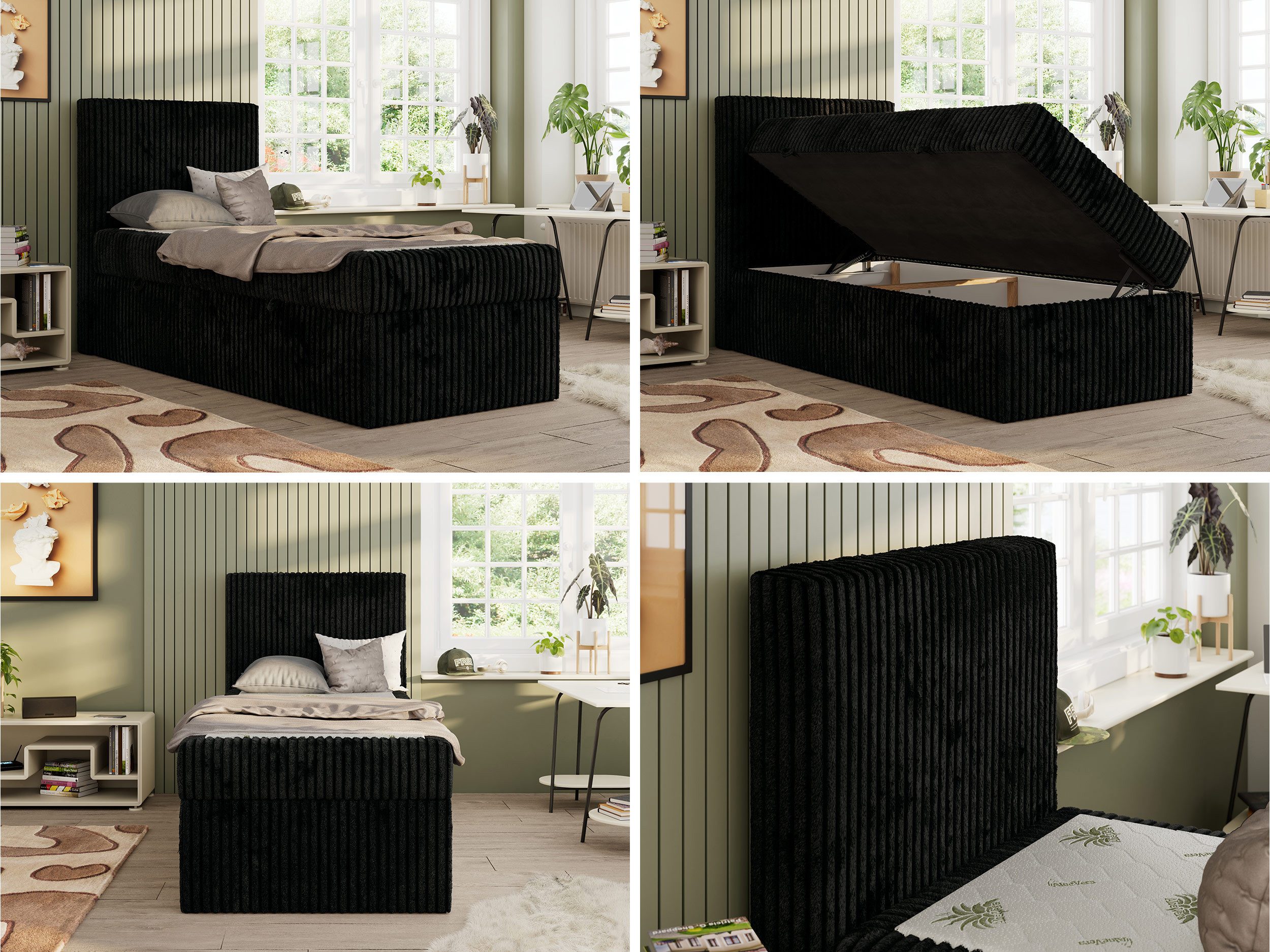 MKS MÖBEL Jugendbett TILIO (Set, T30 Schaum, 7 Härtezonen), Jugendbett 90x200, Stauraum, hohe Kopfteil, Multipocket-Matratze
