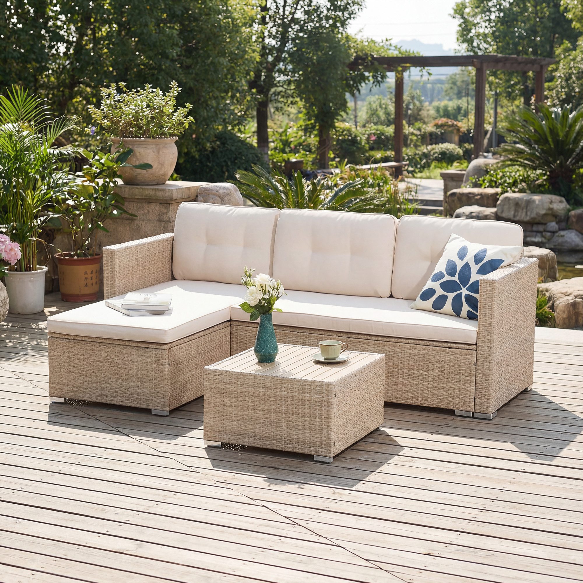 Sunsitt Gartenlounge-Set 3-tlg Gartenlounge Set, Gartensofa Set mit Couchtisch, (Outdoor Sitzgruppe für 3-4 Personen, Wetterfest&Stabil,Sitzecke für Garten, Terrasse, Hinterhof, Balkon), Beige Rattan&Beige Kissen