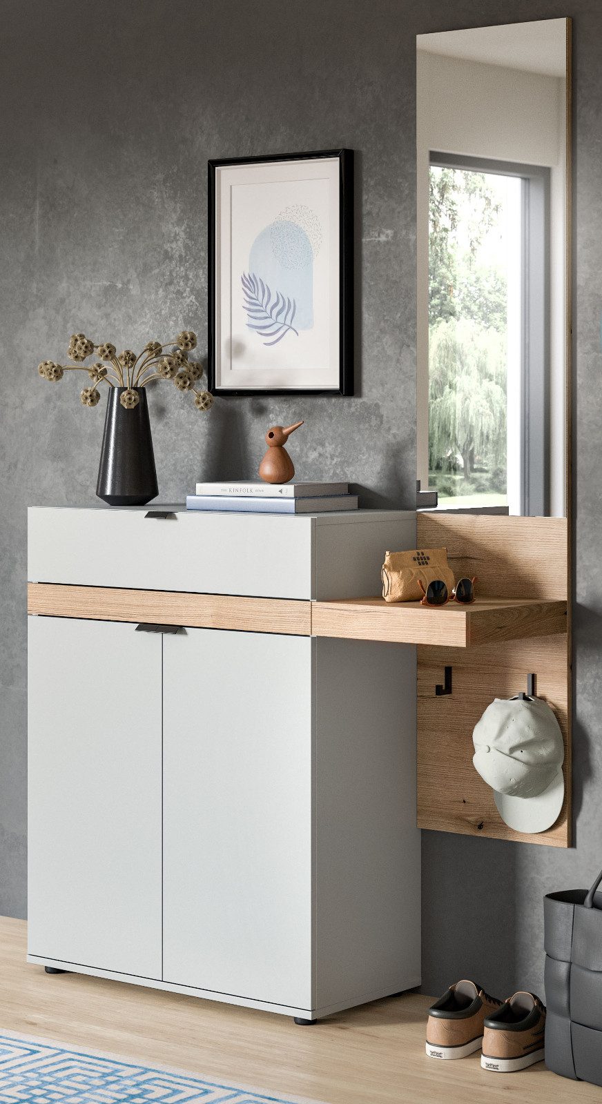 Inn.Furn Kompaktgarderobe Janko (Garderoben-Set in hellem Grau mit Eiche, 2-teilig, 110 x 194 cm) mit Soft-Close-Funktion