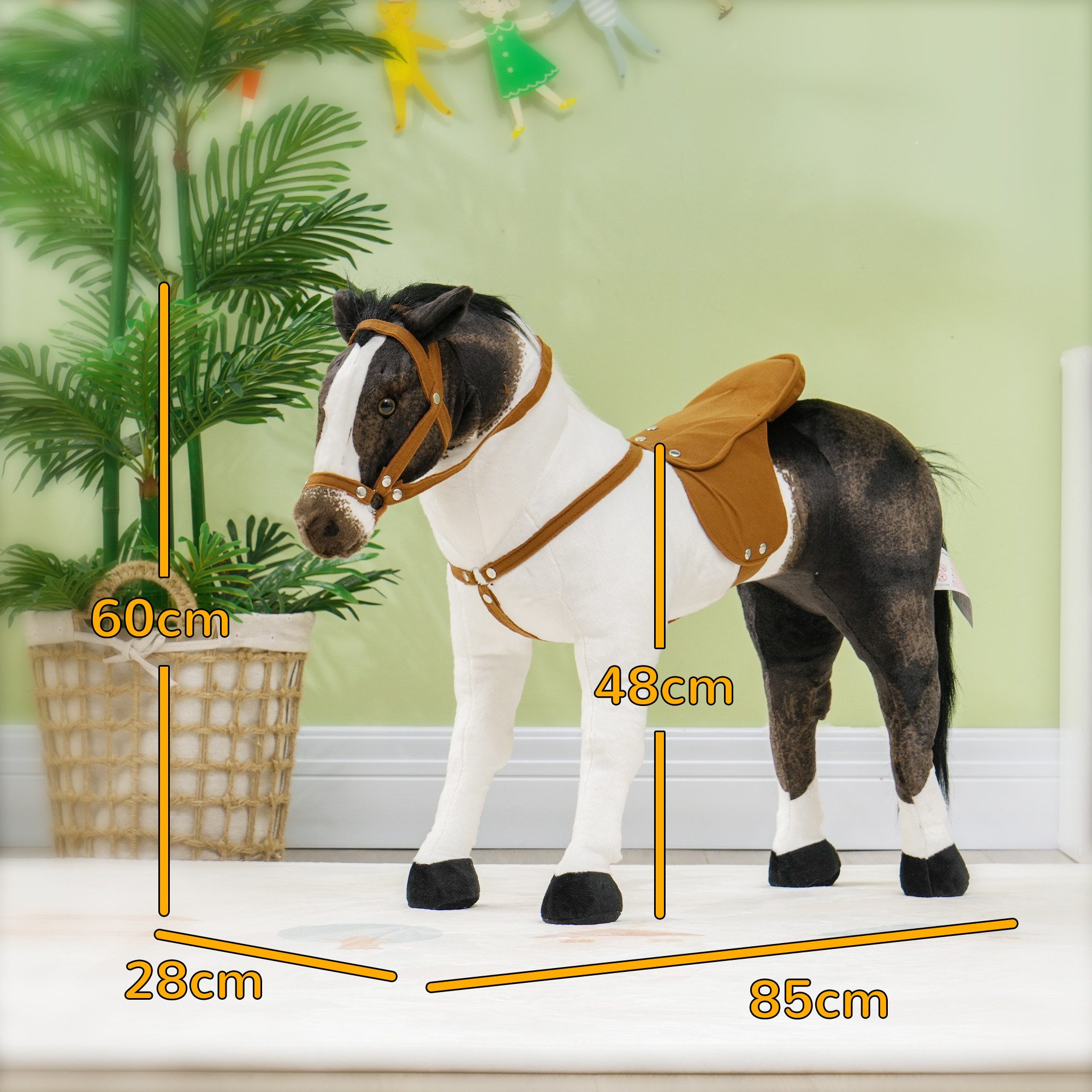 AIYAPLAY Reitpferd mit Soundfunktion, 48 cm Höhe, mit Sattel und Zaumzeug, für Kinder 3-8 Jahre, Metall, Braun+Cremeweiß