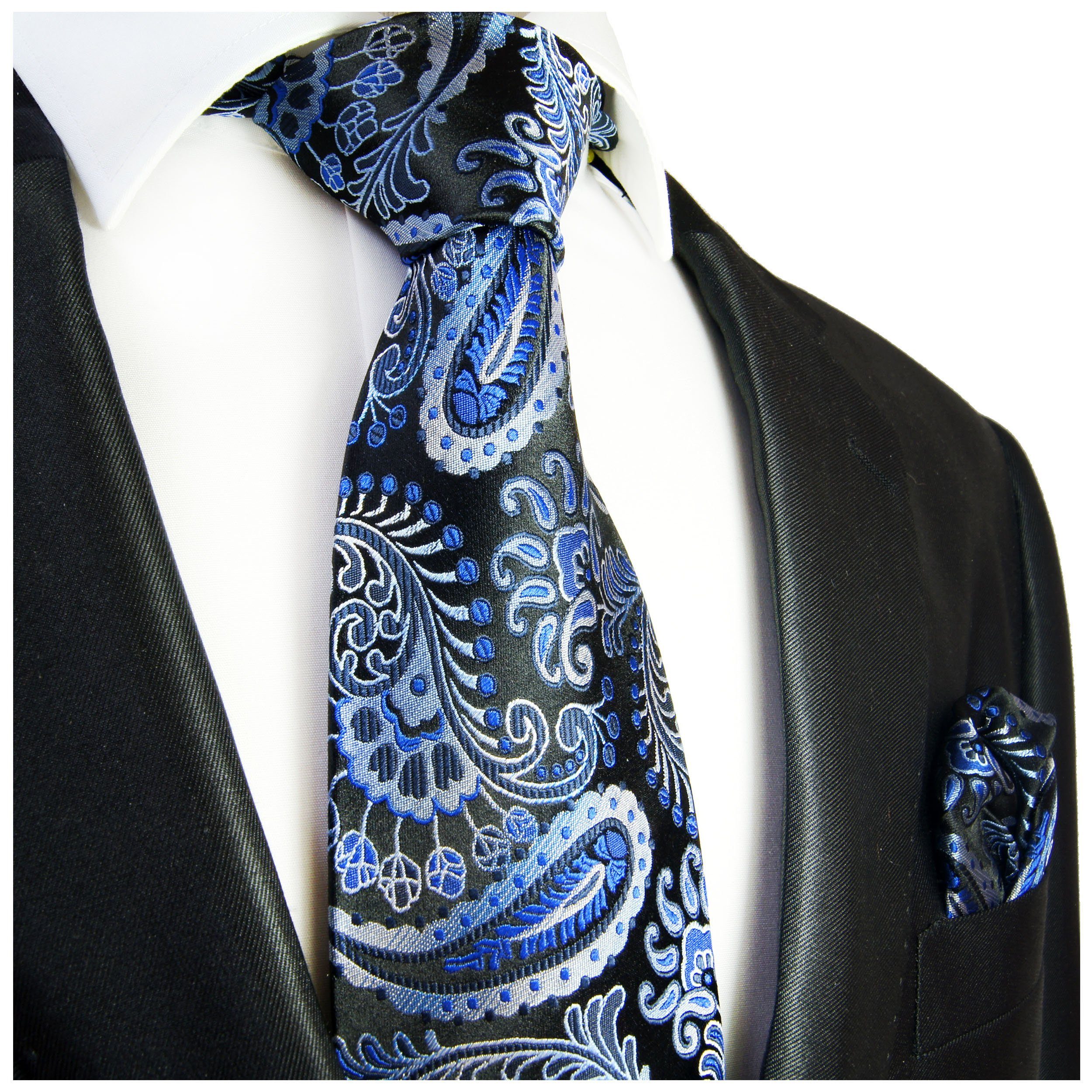 Paul Malone Krawatte Herren Seidenkrawatte mit Tuch paisley brokat Hochzeit 100% Seide (Set, 2-St., Krawatte mit Einstecktuch) Breit (8cm), blau 551
