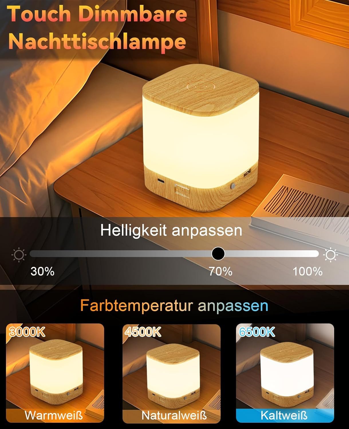 ZMH LED Tischleuchte Akku 1800mAH Touch Dimmbar Nachttischlampe Kabellos Schlafzimmer, Augenschutz, LED fest integriert, 3000-6500K, USB Aufladbar mit 3 Farbtemperatur&Timing Funktion Nachtlicht