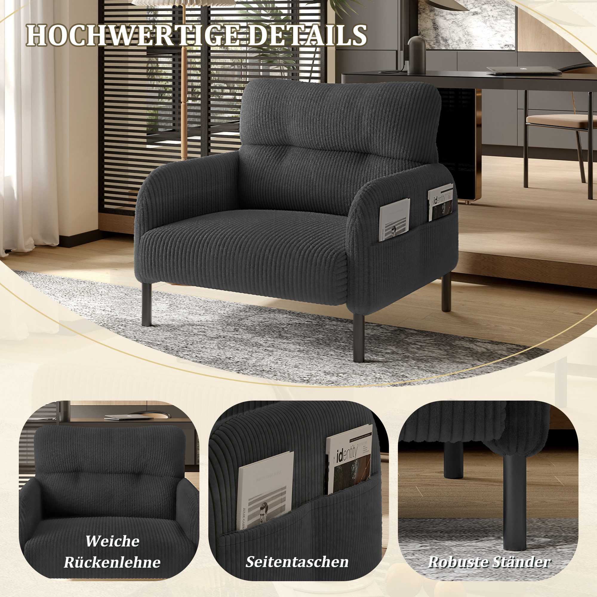Celya Sessel Relaxsessel Polsterstuhl Loungesessel, Cordstoff (1-St, 67x75x79 cm, Armlehnen mit Seitentaschen auf beiden Seiten), geeignet für Wohnzimmer, Schla – Bild 4 von 5