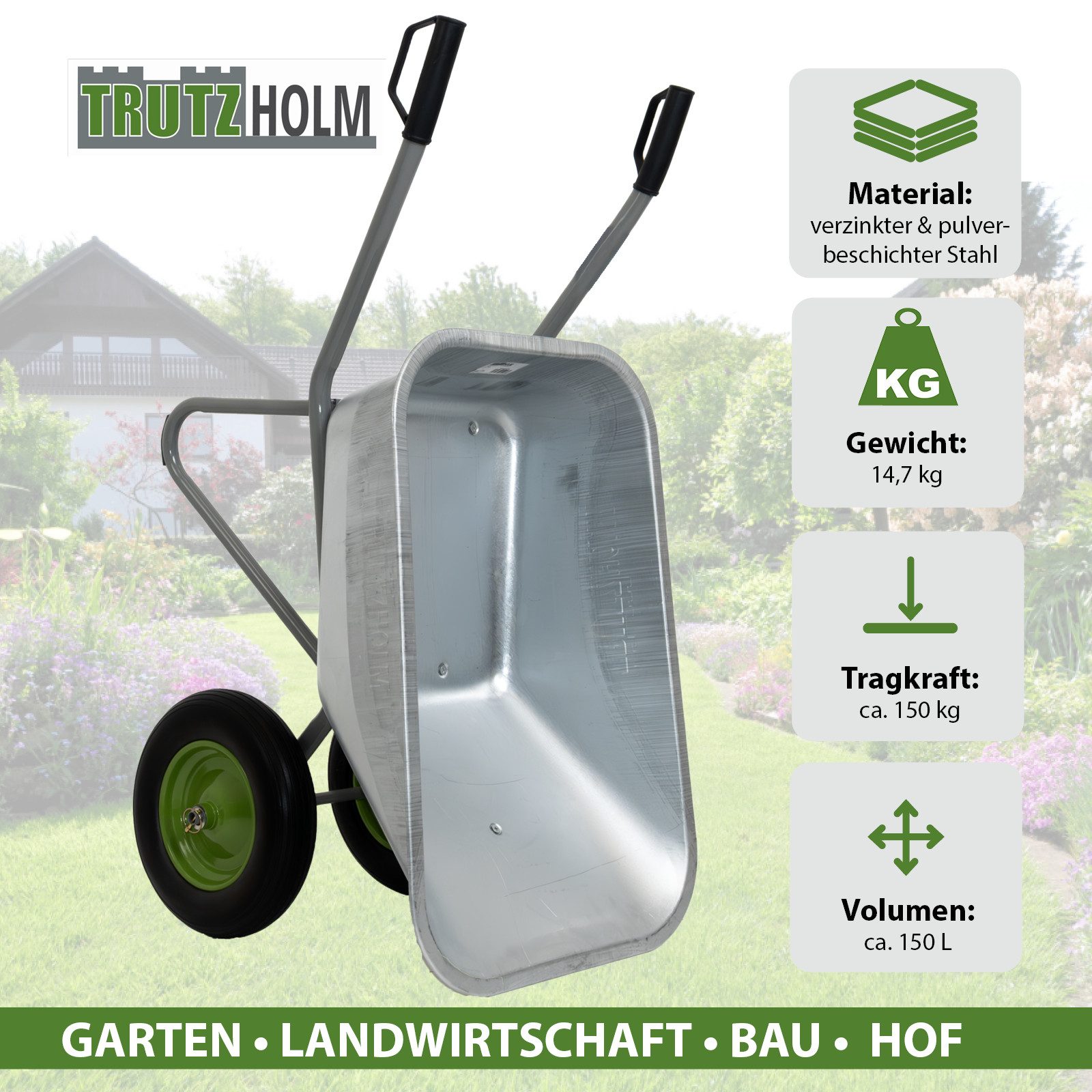 TRUTZHOLM Schubkarre 2-Rad verzinkt 150L Gartenkarre kippsicher PU Räder pannensicher