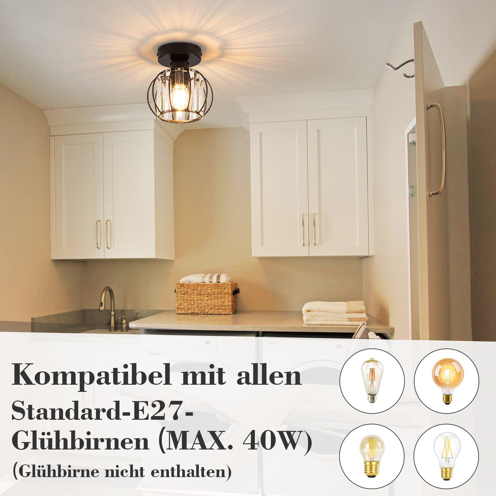 Nettlife Deckenleuchte Schwarz Kristall E27 Moderner Metallrahmen Vintage Ohne Leuchtmittel, ohne Leuchtmittel, Innen Deckenbeleuchtung für Korridor Balkon Wohn – Bild 5 von 5