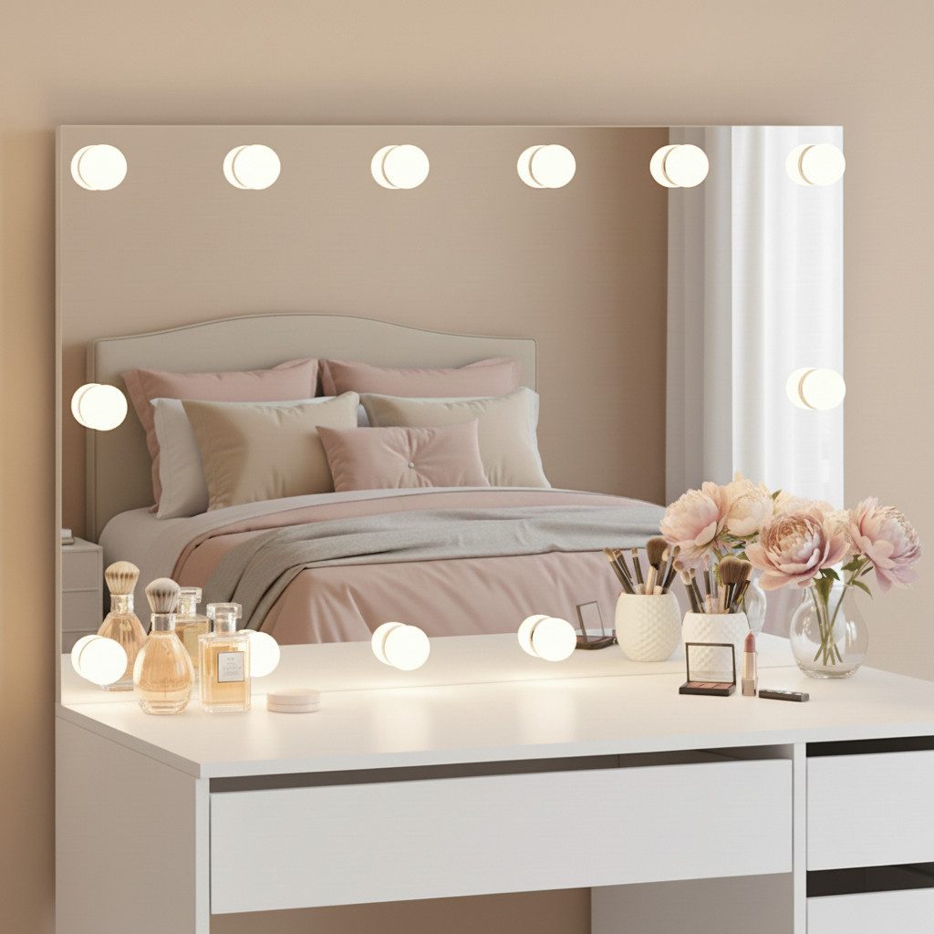 Bellamio Schminkspiegel Livny mit und ohne dimmbarer LED-Beleuchtung (14 LED-Glühbirnen, Wandmontage), Hollywood Spiegel mit 3 Farbtemperaturen & Touchscreen