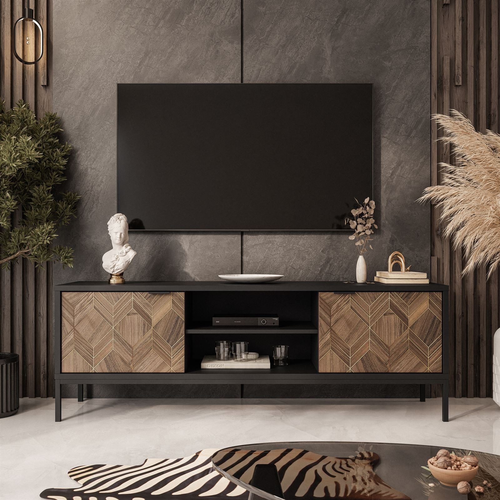 ALLHOUSE24 Lowboard Dekor Liam Gold Nussbaum 160 TV Schrank Metallgestell schwarz, Breite 160 cm