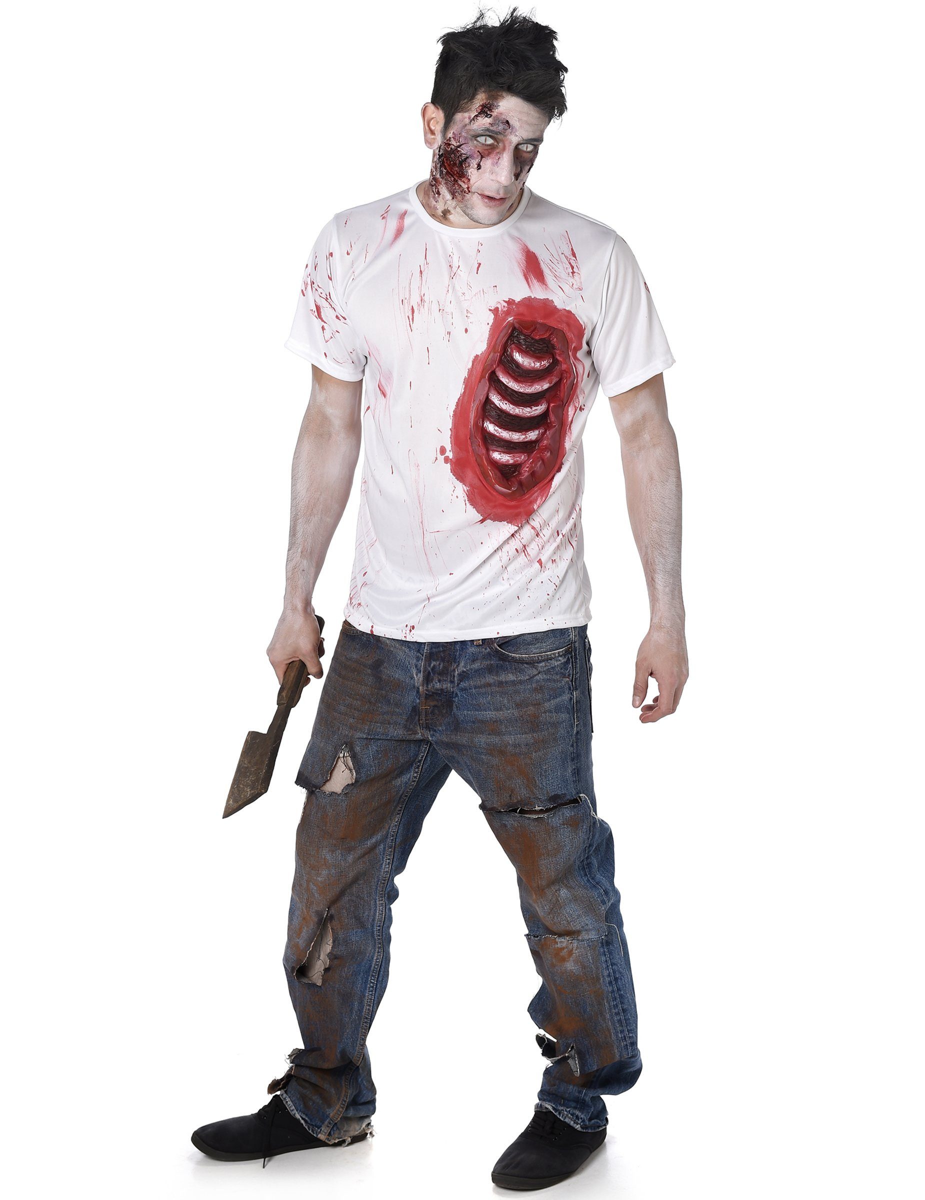 REDSUN Zombie-Kostüm Zombie T-Shirt mit Rippen Halloween weiss-rot