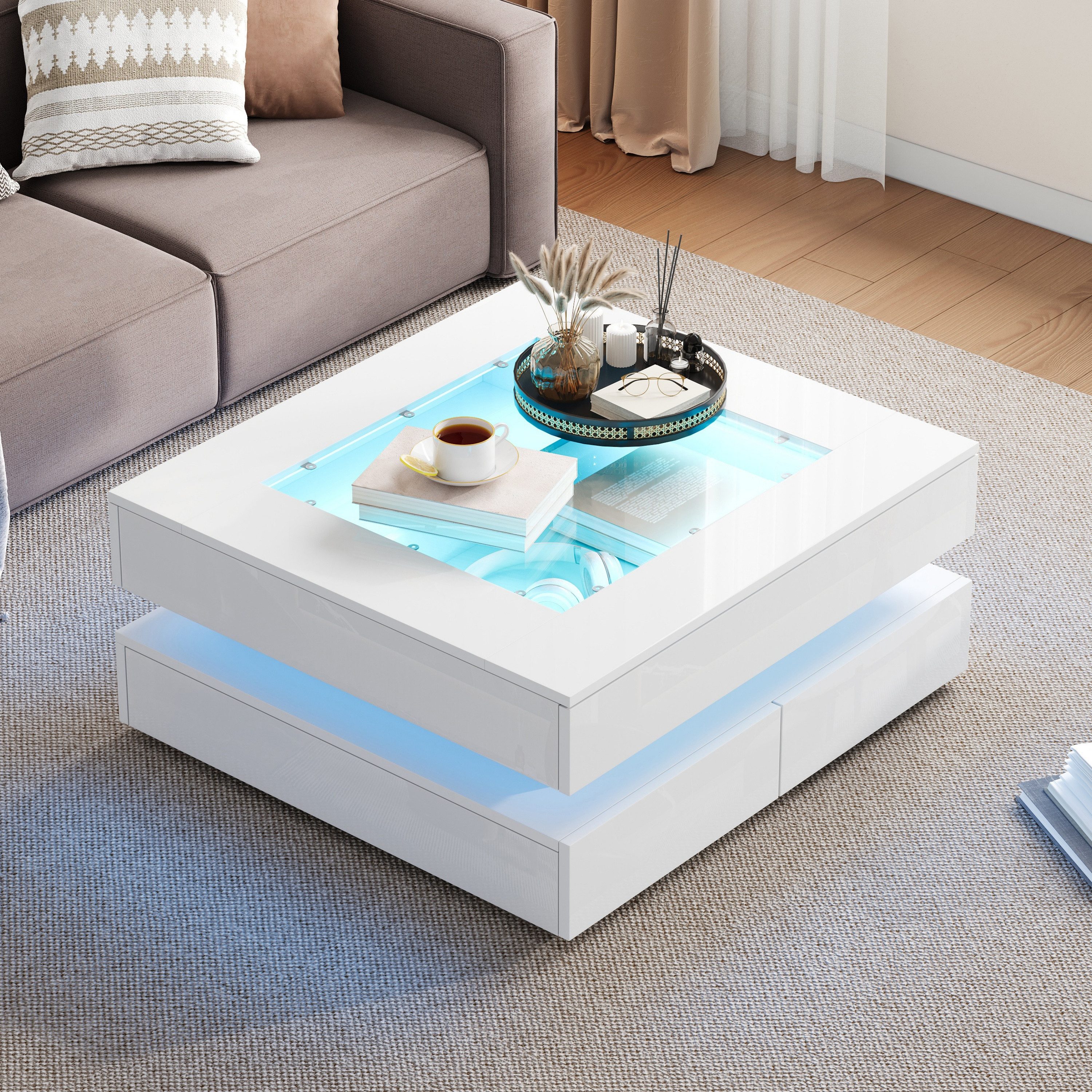 Merax Couchtisch hochglanz Sofatisch Beistelltisch mit LED-Beleuchtung (1-St), Wohnzimmertisch mit Glasplatte und 3 Schubladen, 70x70x35cm