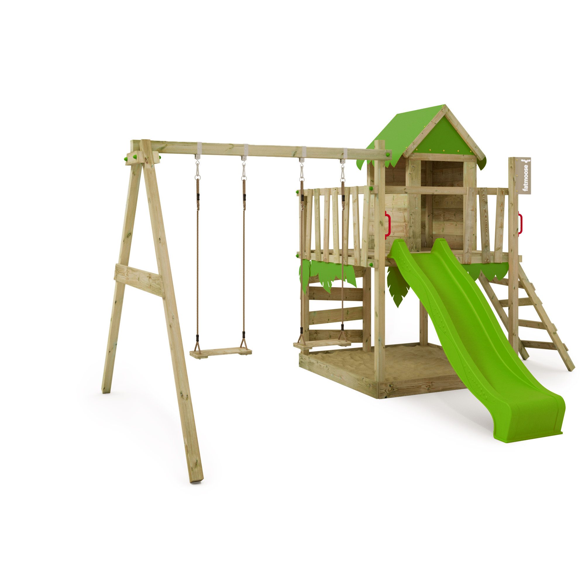 FATMOOSE Klettergerüst JazzyJungle Jam XXL mit Schaukel – Spielturm mit Rutsche, (Outdoor-Spielhaus mit Kletterwand, Wellenrutsche & Sicherheitshandgriffen für aktive Kinder, Kletterturm für kleine Entdecker & Freunde – perfekt für Rollenspiele), extrem witterungsbeständig mit 10 Jahren Garantie*