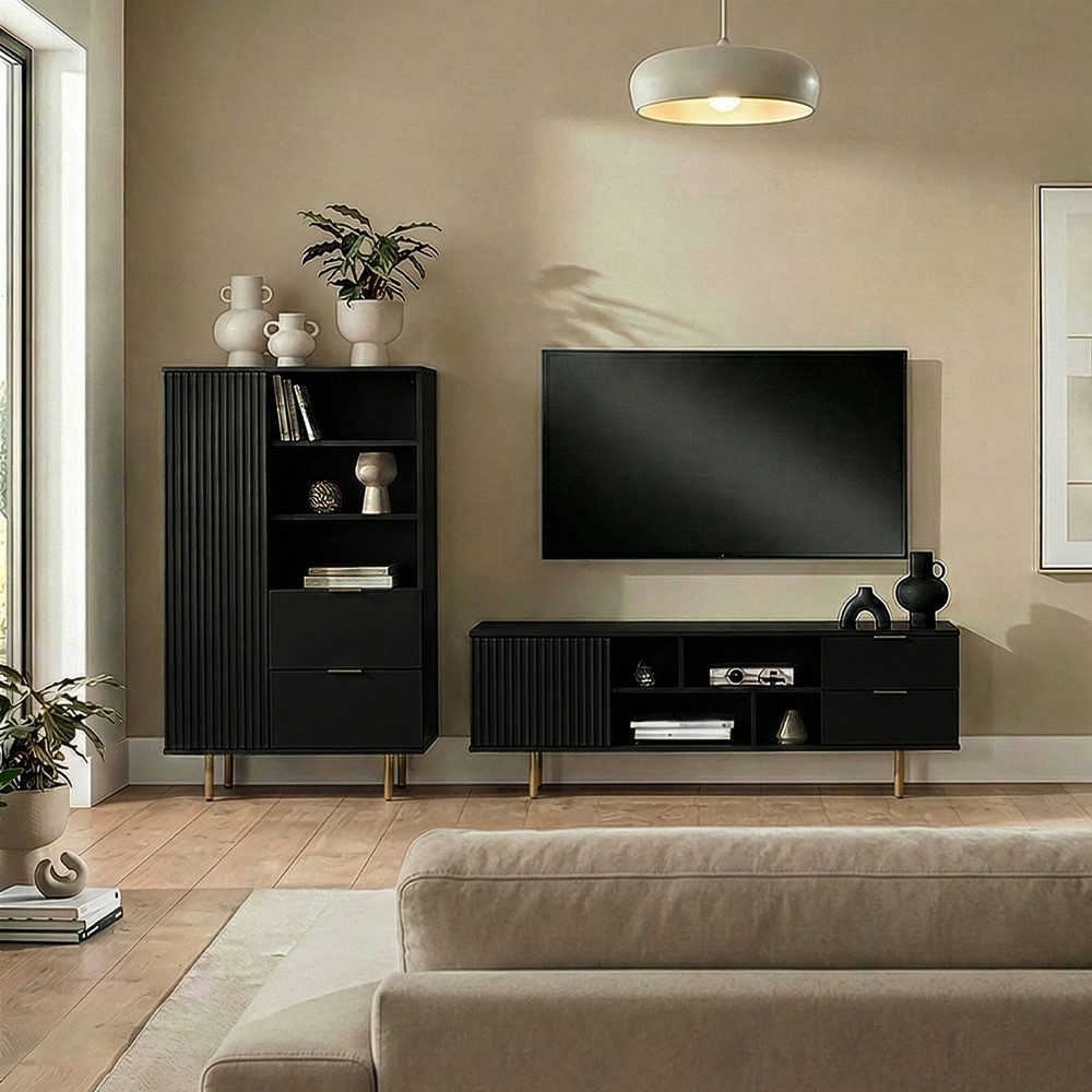 Lomadox Wohnzimmer-Set NADOR-132, (Mega-Spar-Set, 2-St., Highboard Lowboard), matt schwarz, goldfarbenen Metallgriffen und -füßen, Front Rillenoptik
