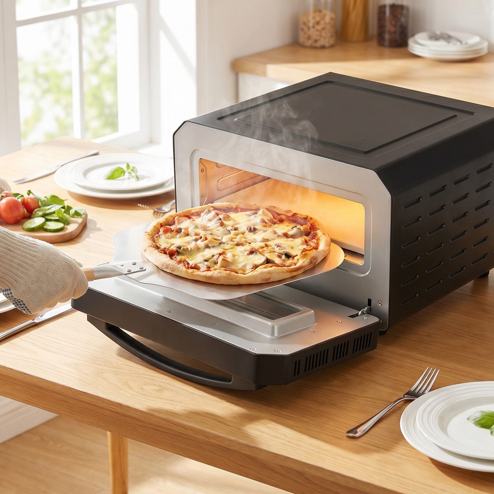 KOMFOTTEU Pizzaofen, bis zu 400 °C, mit 6 Programmen, einstellbarer Temperatur und Zeit