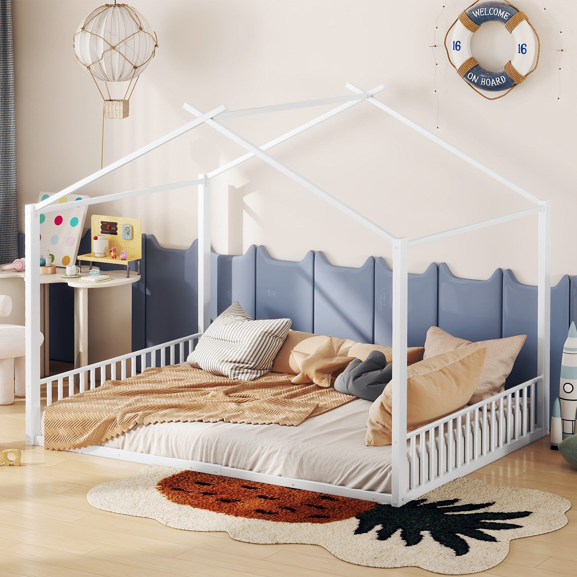 OKWISH Metallbett Flachbett Eisenrahmen Hausdesign Schlafgestell Jugendzimmer 140x200 cm (Polsterbett, Kinderbett mit Hausform, 140x 200 cm), ohne Matratze
