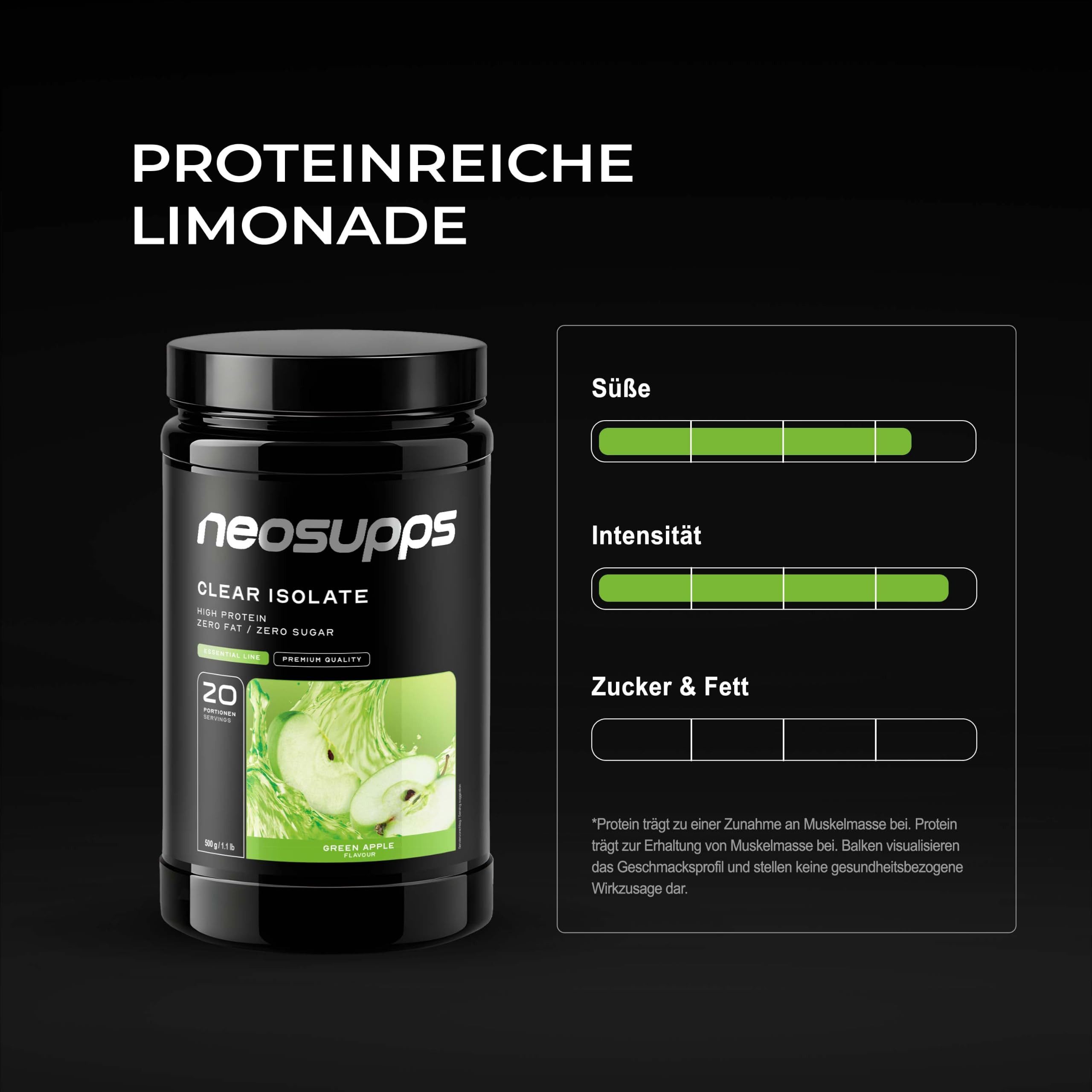 Neosupps Clear Whey Isolat Protein Pulver 500g, Green Apple Geschmack Pulver, 500 g, Made in Germany, Hochwertiger Molkenprotein Isolat