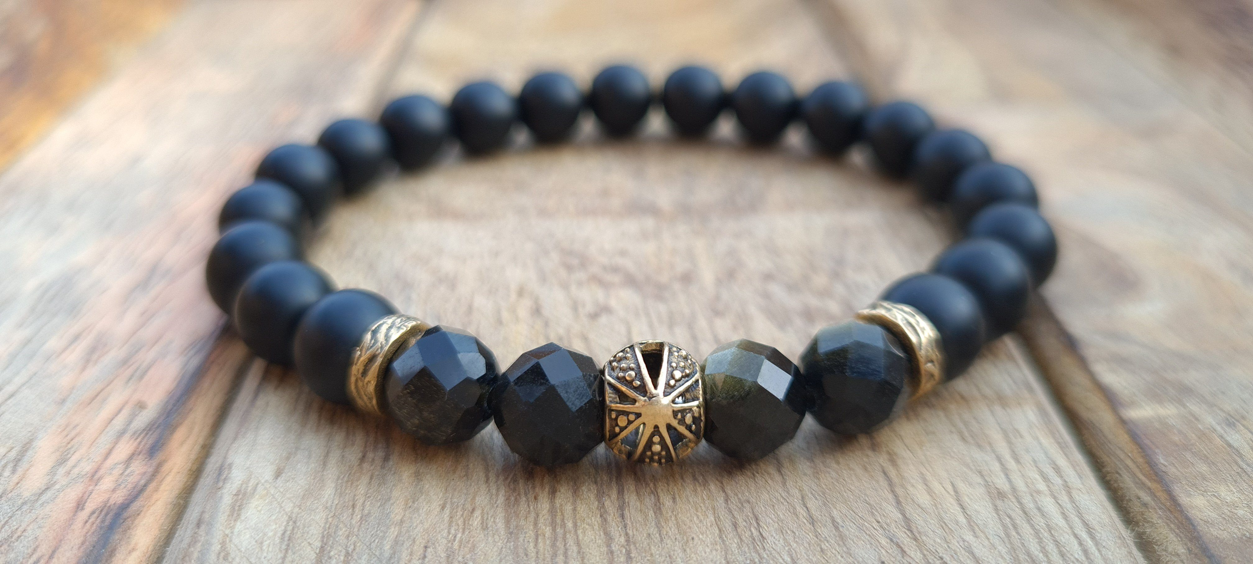 Perlenarmband Obsidian, Golden und Golden mit Naturstein Armband Obsidian Onyx NAHLE