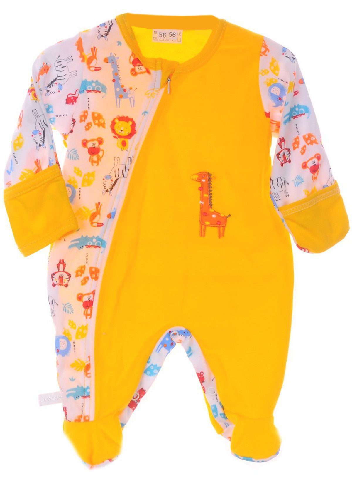 La Bortini Strampler Baby Overall Einteiler in Gelb mit Safari Muster für Neugeborene (Romper mit Füßchen, lang, unisex)