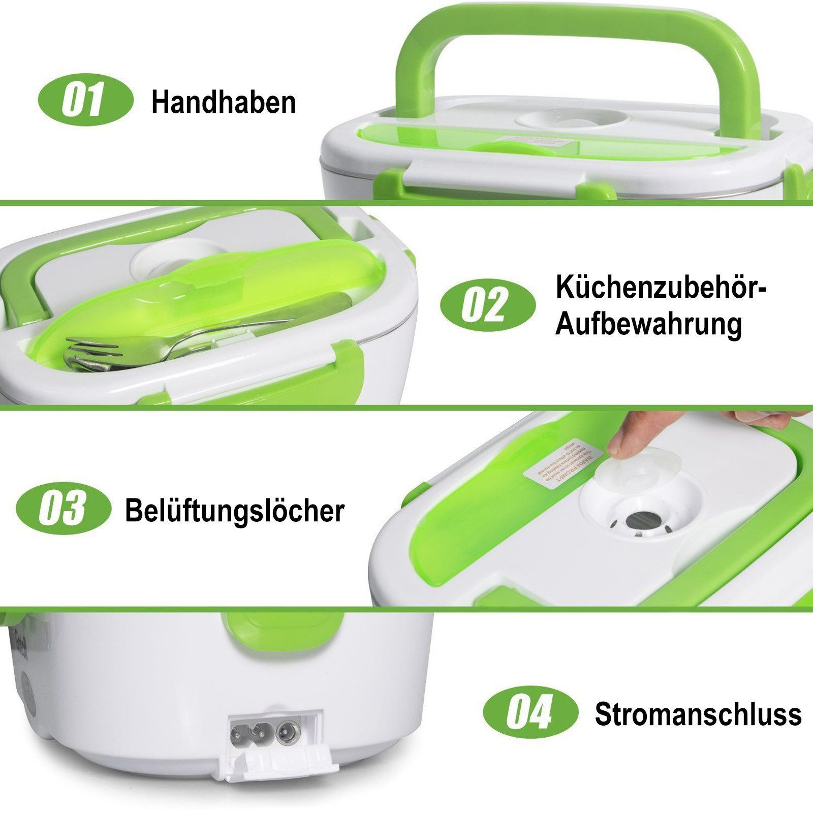 Gotoll Elektrische Lunchbox 1,95L Elektrische Brotdose 12V/220V für Auto & Zuhause, Kunststoff, (60W Schnellheizung, Edelstahl‑Innenbehälter), Elektrische Bentobox mit Löffel  Gabel & Lunchbag Set