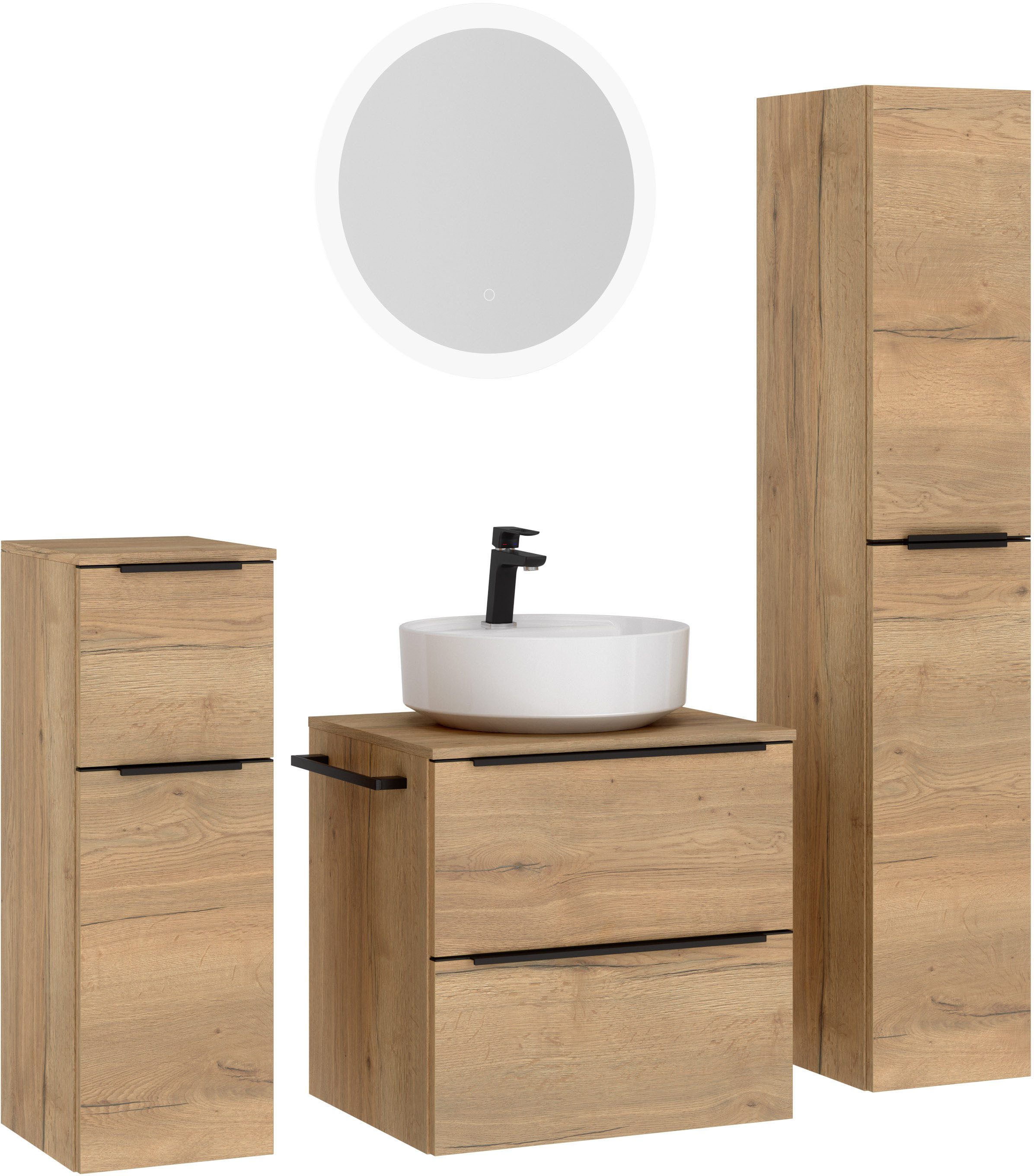 nobilia® Badmöbel-Set Alvene, (4-St., vormontiert, mit Soft-Close), inkl. Spiegel mit Touch-Sensor, in vier Breiten