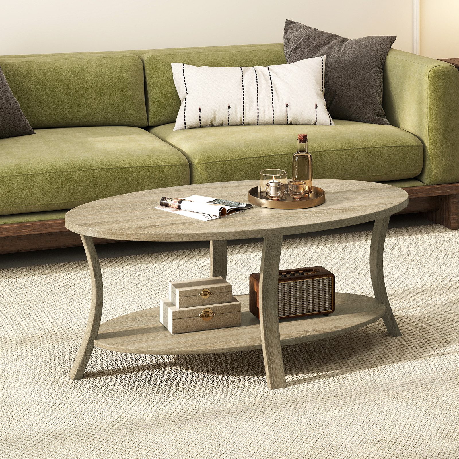 COSTWAY Couchtisch, ovaler Wohnzimmertisch mit Ablage, Holz günstig online kaufen