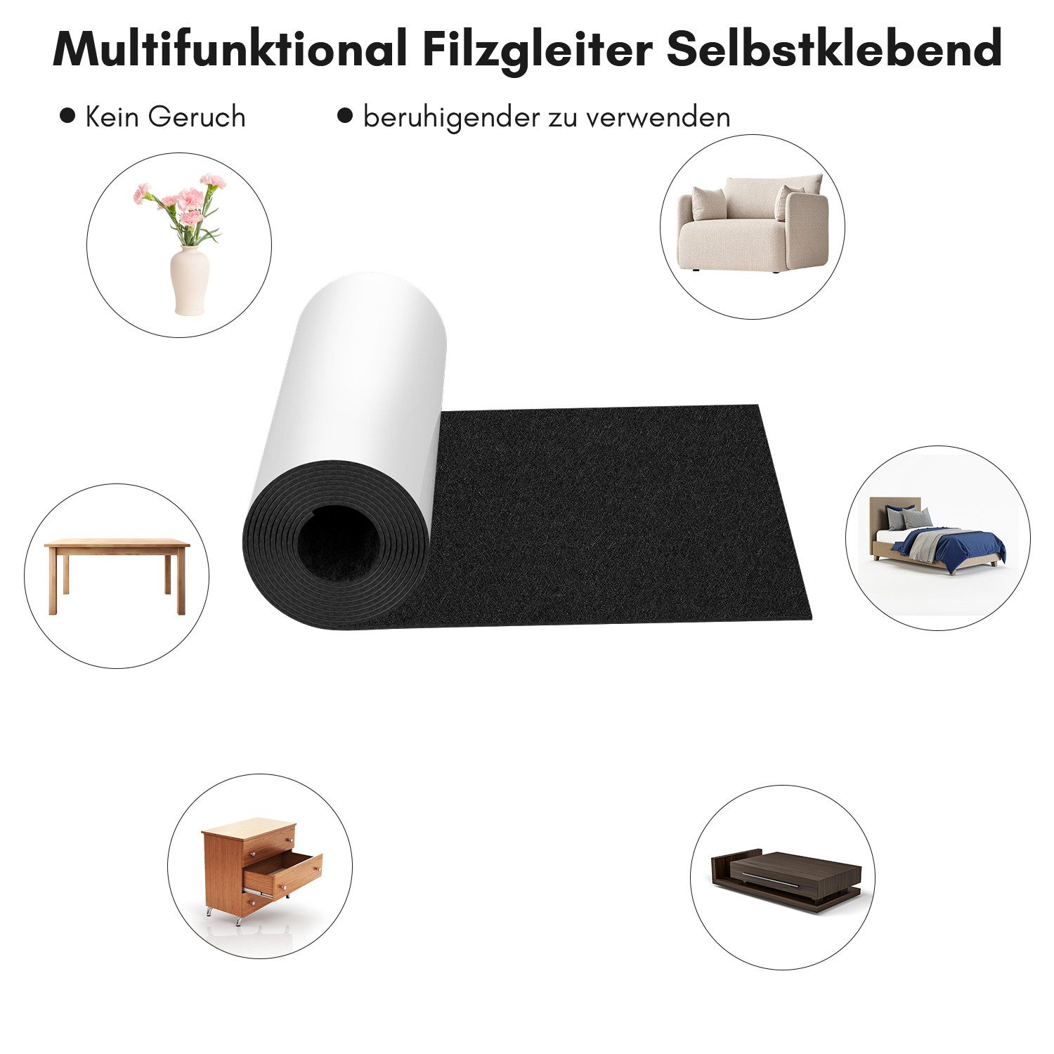 Clanmacy Möbelfuß Filz selbstklebend 50x150cm, Filzgleiter Selbstklebend Schwarz – Bild 5 von 5