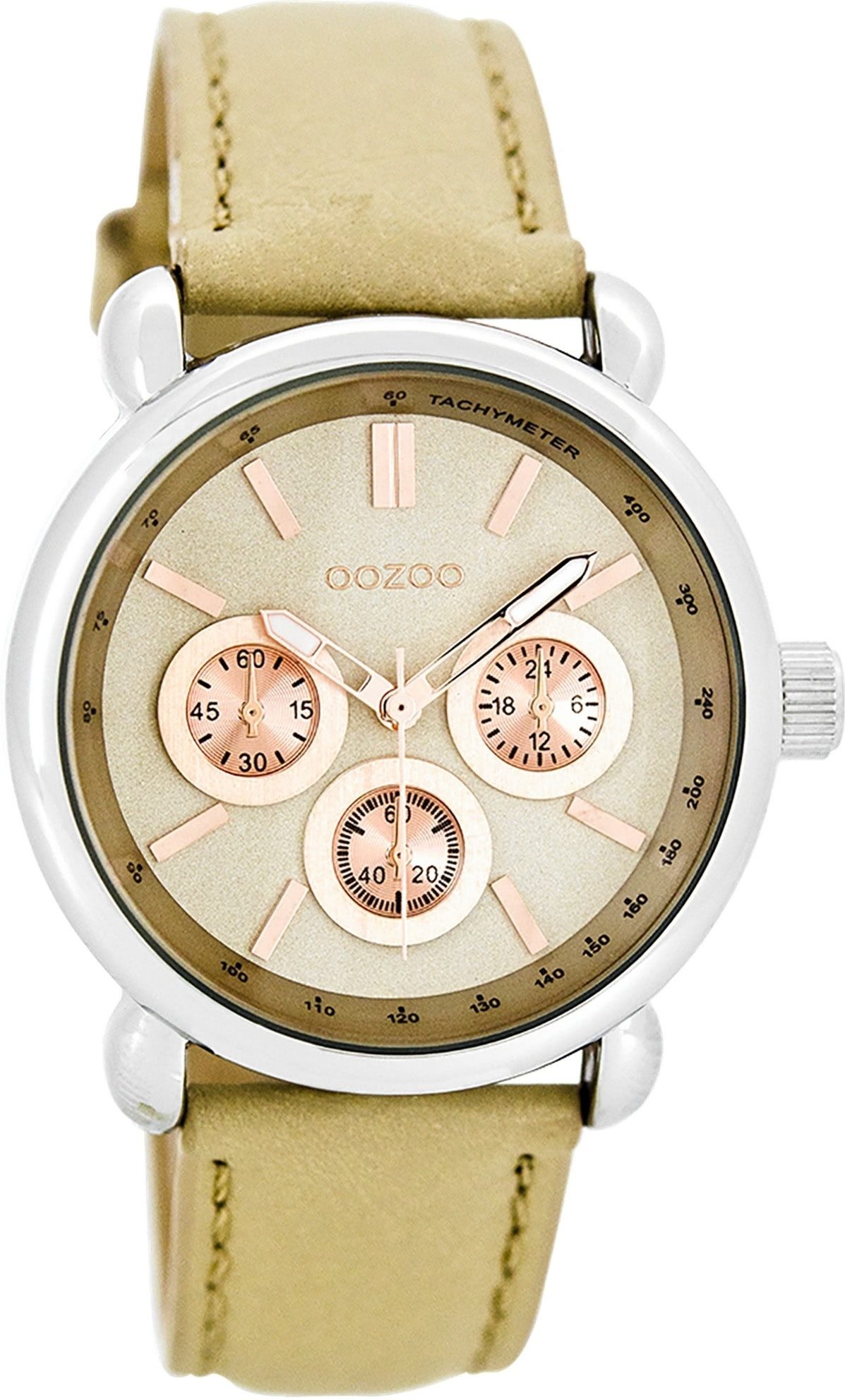 OOZOO Quarzuhr Oozoo Damen Armbanduhr beige Analog, (Analoguhr), Damenuhr rund, groß (ca. 43mm) Lederarmband, Luxus-Style