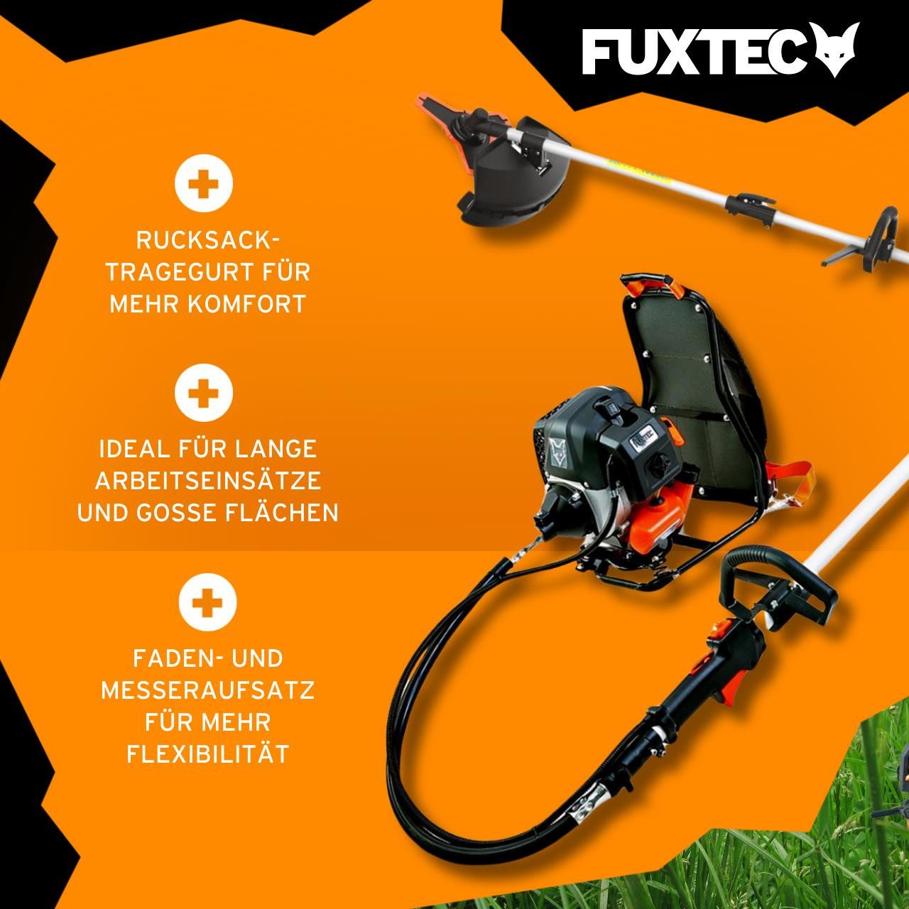 FUXTEC Benzin-Motorsense FX-MS152T, 44 cm Arbeitsbreite Messer, 2in1 Tool rückentragbar, 52ccm, 32cm Schnittbreite, Faden/Messer