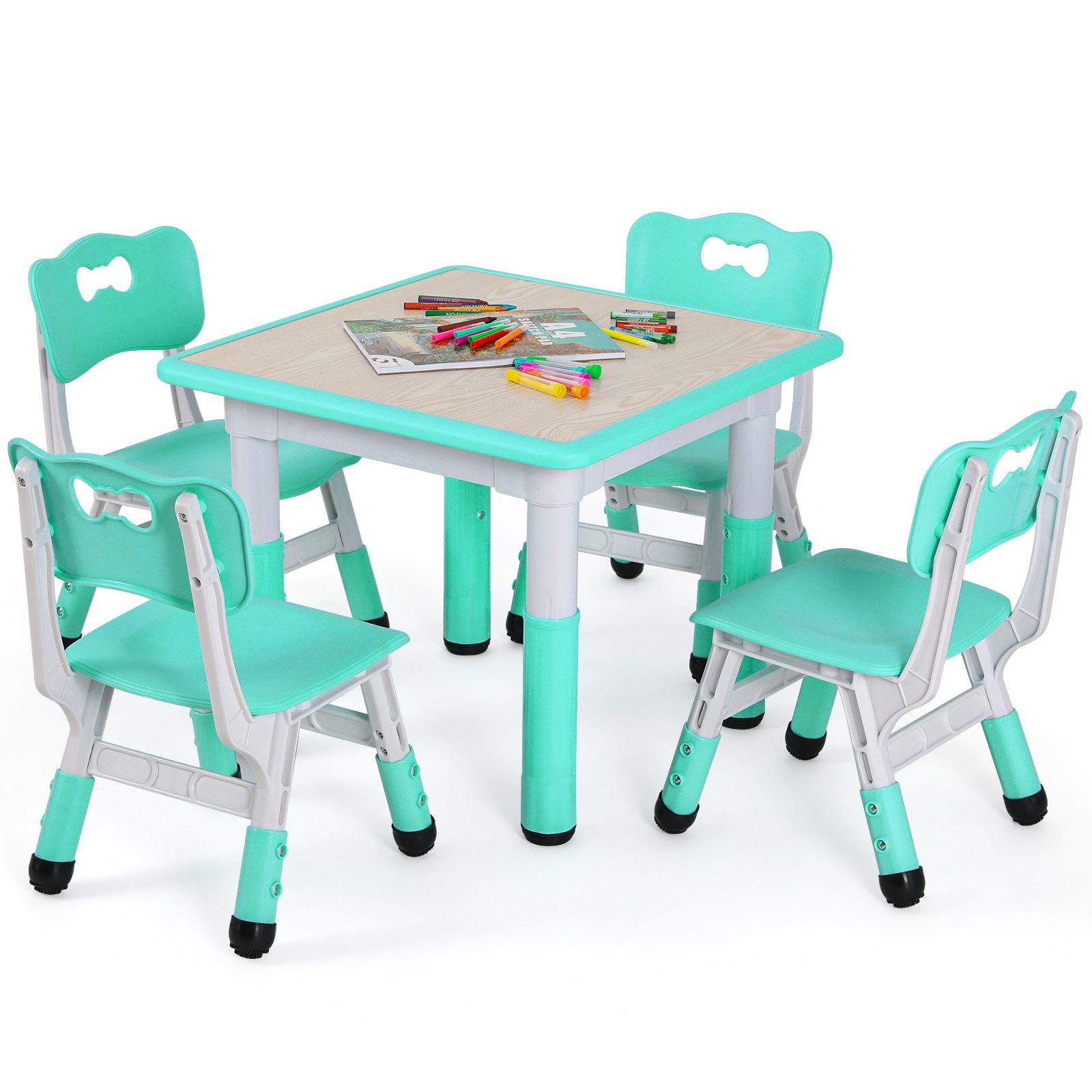 Femor Kindersitzgruppe, (5-tlg), Kindertisch mit Stühlen, Kindersitzgruppe Höhenverstellbar Minzgrün