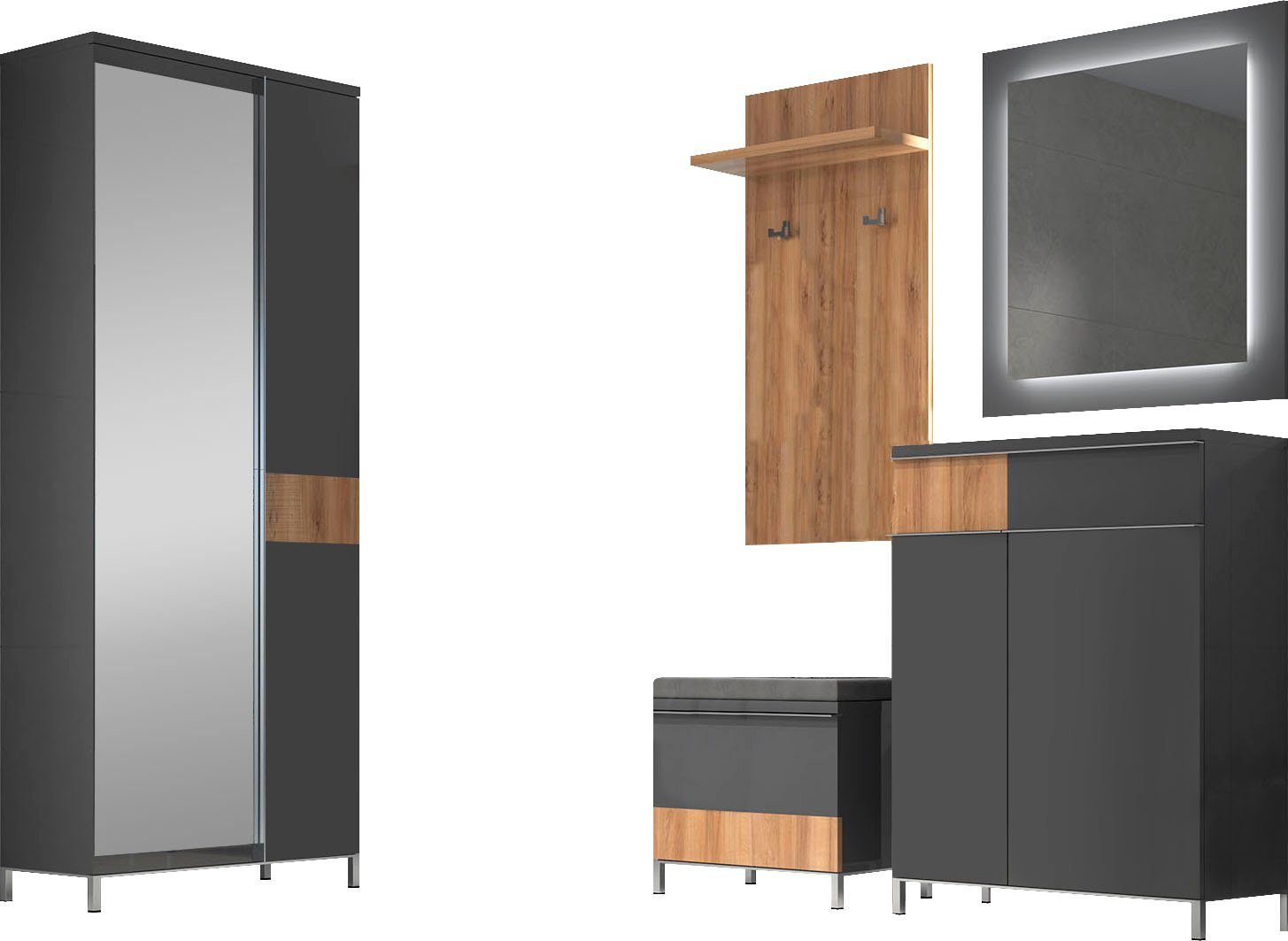 Places of Style Garderoben-Set Onyx, (Set, 5-St., Garderobenschrank,Schuhschrank,Schuhbank,Garderobenpaneel,Wandspiegel). Reduzierter Preis € 1.039,99. Unverbindliche Preisempfehlung € 1.410,00