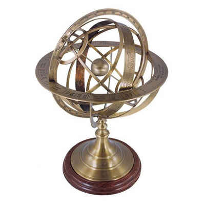 Linoows Dekoobjekt Große Armillarsphäre, Barocke Messing Weltmaschine, Armillarsphäre aus bronziertem Messing auf einem Edelholz Stand