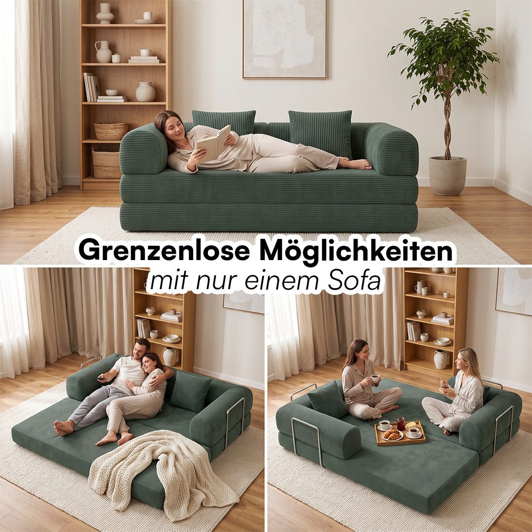 skølm Sofa & Sessel Lofn aus Vollschaum Cord, umwandelbar zum Schlafsofa/-Sessel, Dunkelgrün, Cordsofa 200 cm breit, 2 Sitzer, kein Aufbau erforderlich, vakuumi – Bild 5 von 5