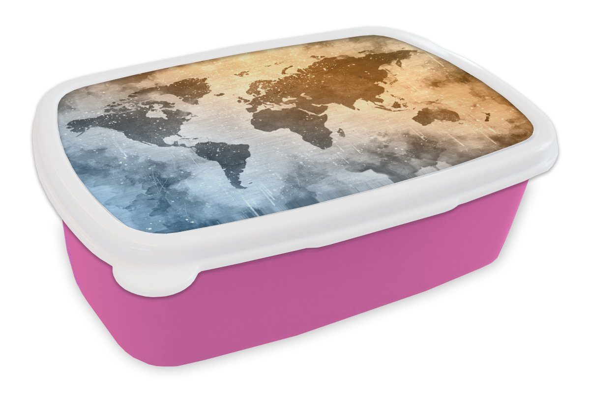 MuchoWow Lunchbox Weltkarte - Abstrakt - Farben, Kunststoff, (2-tlg), Brotbox für Erwachsene, Brotdose Kinder, Snackbox, Mädchen, Kunststoff rosa